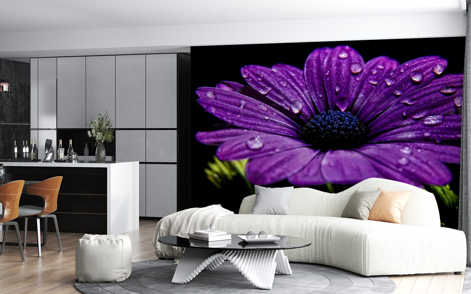 Fotobehang waterdruppels op een paarse gerberabloem