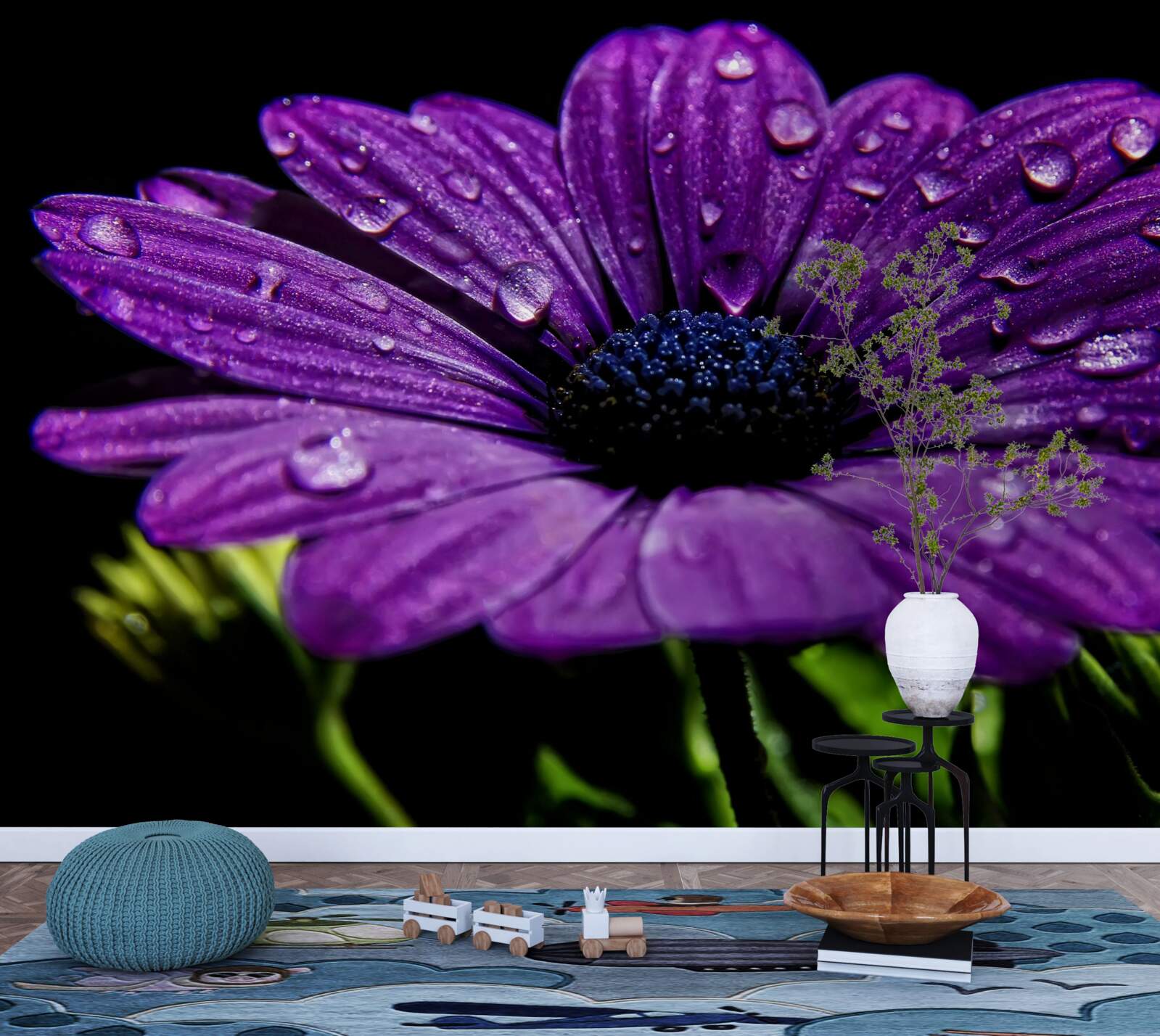 Fotobehang waterdruppels op een paarse gerberabloem