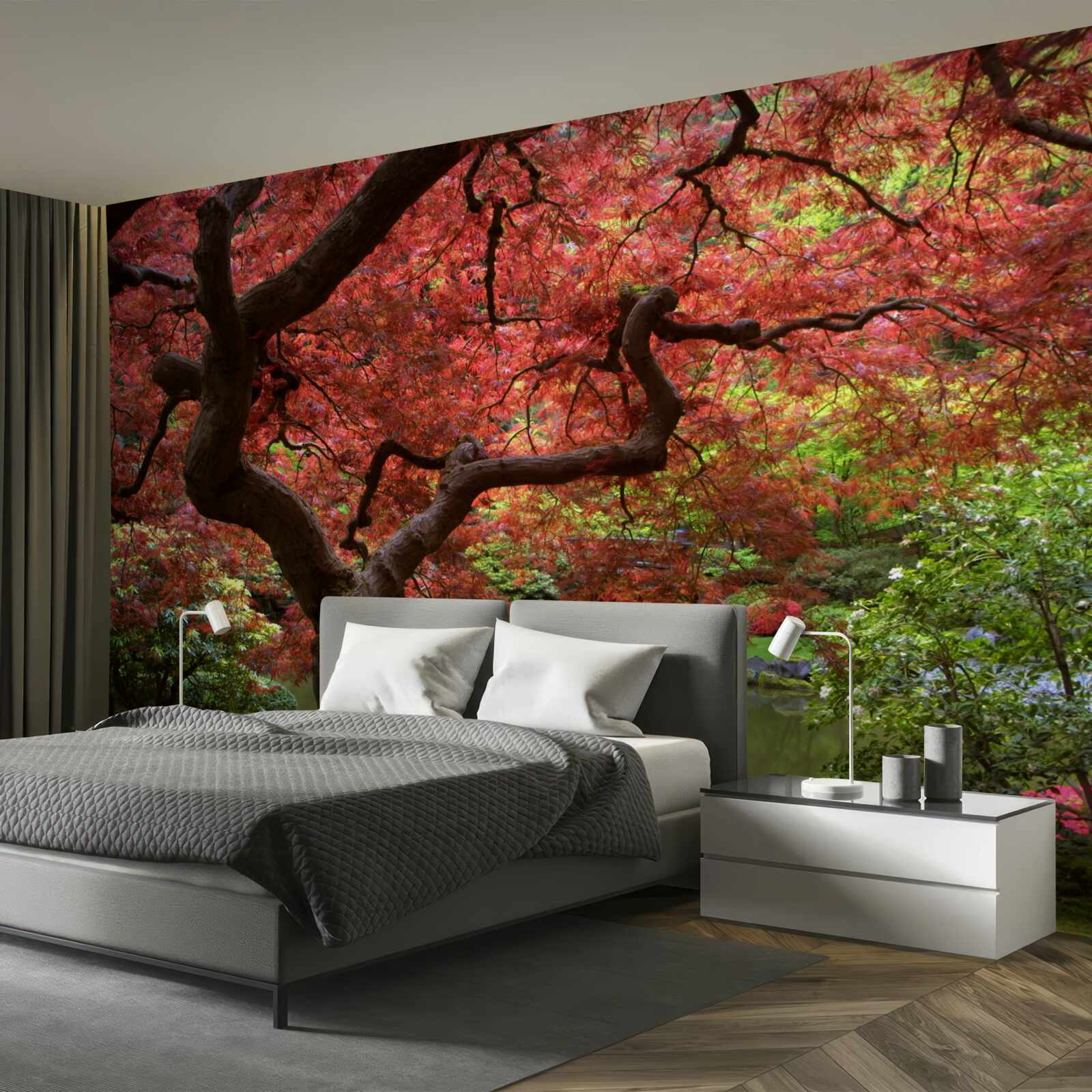 Fotobehang Japanse esdoorn bij de vijver in de herfst