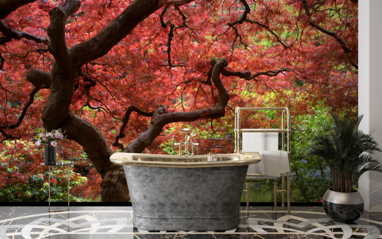 Fotobehang Japanse esdoorn bij de vijver in de herfst