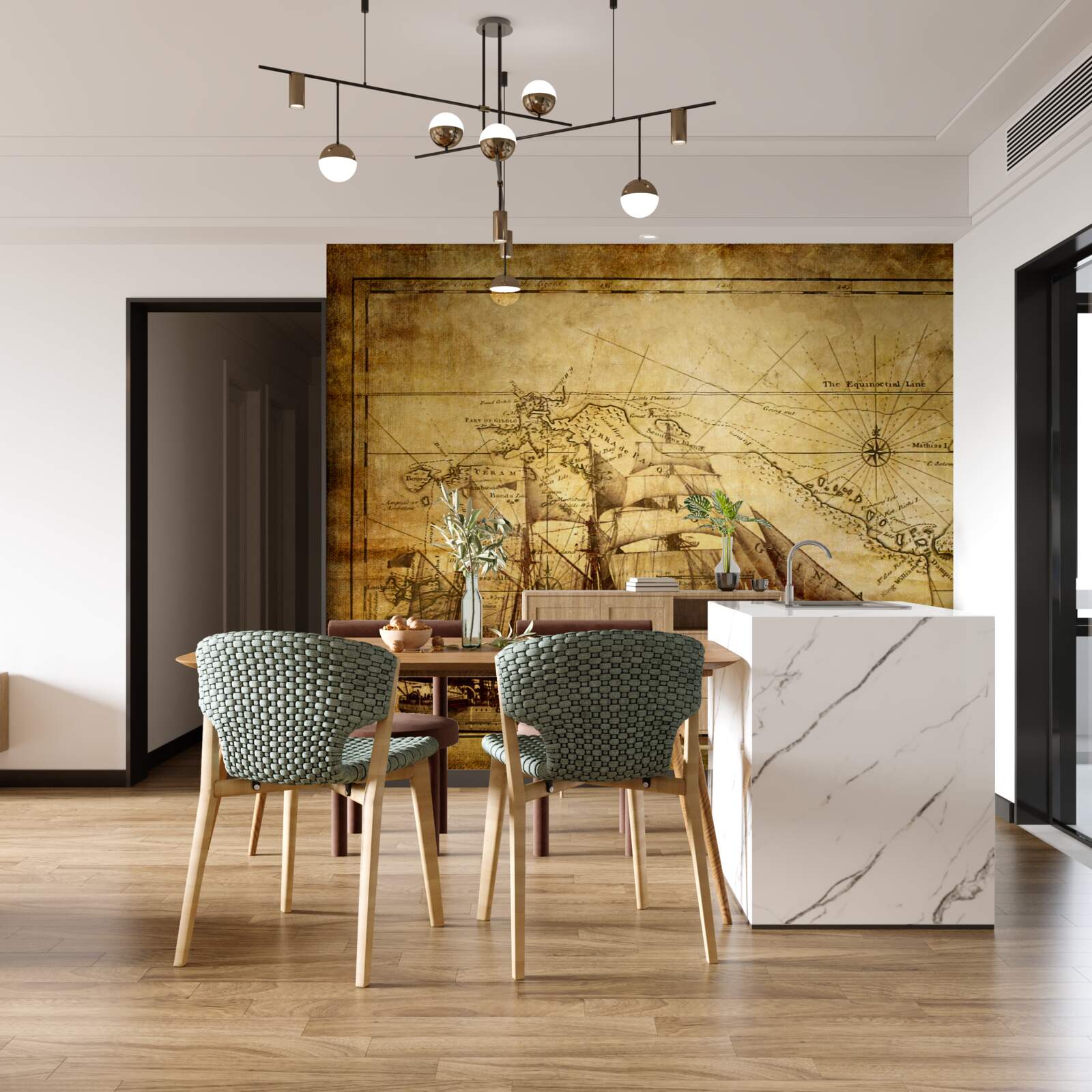 Fotobehang schip met zeilen op perkament