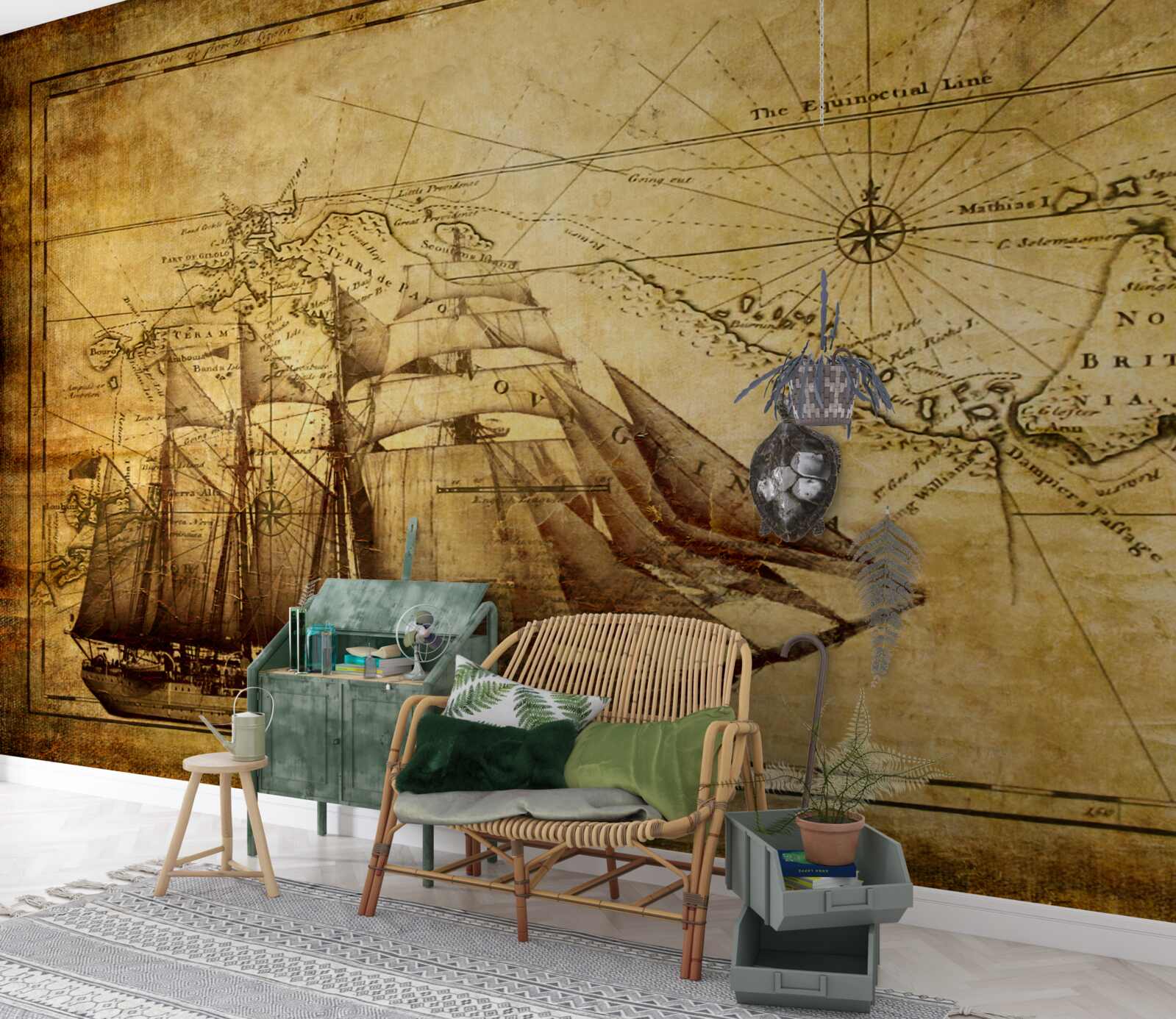 Fotobehang schip met zeilen op perkament