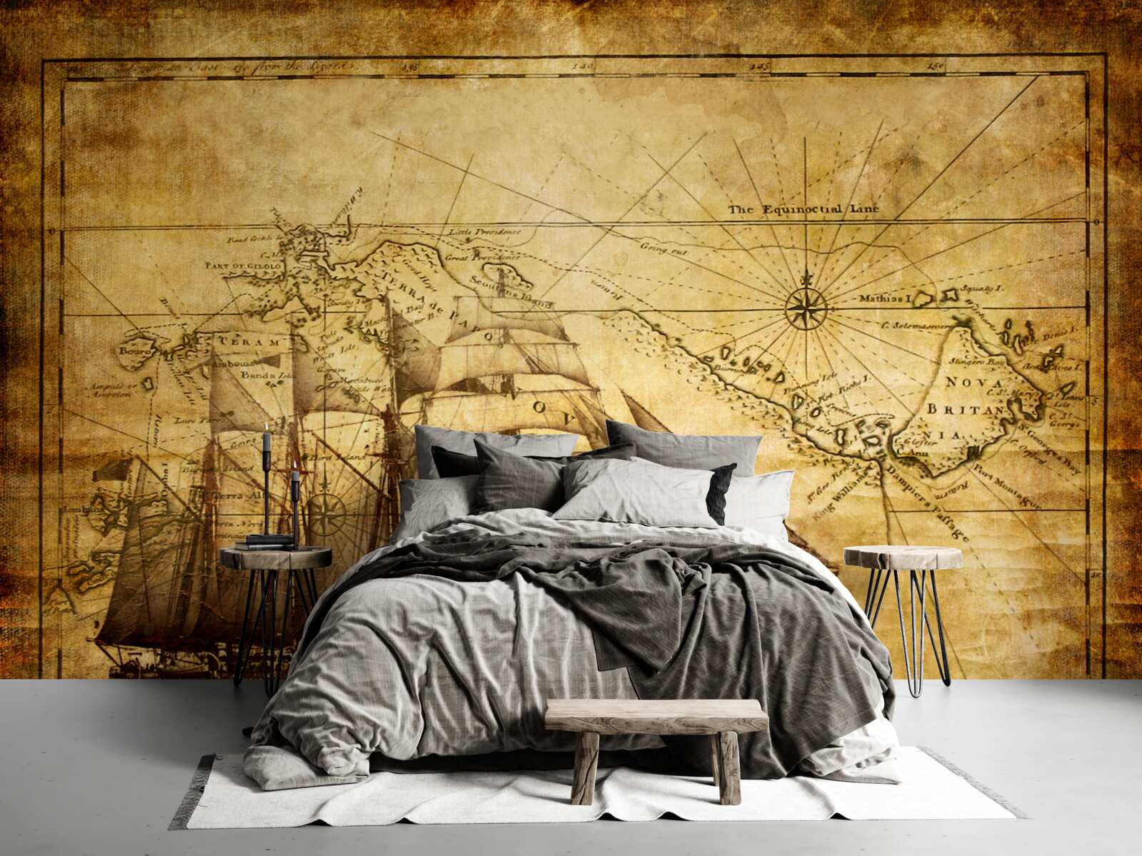 Fotobehang schip met zeilen op perkament