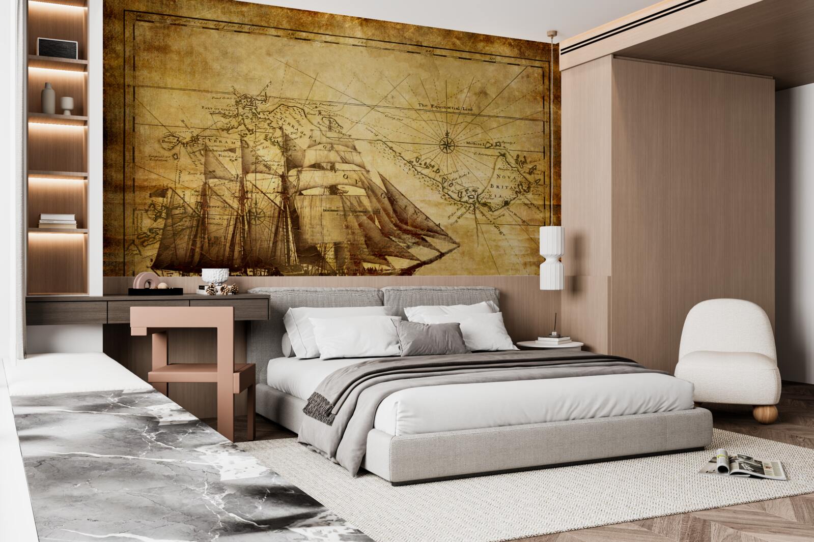 Fotobehang schip met zeilen op perkament