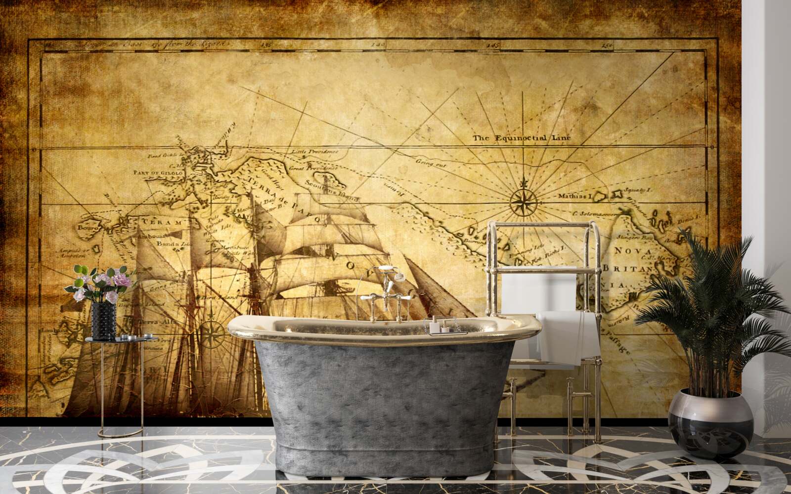 Fotobehang schip met zeilen op perkament