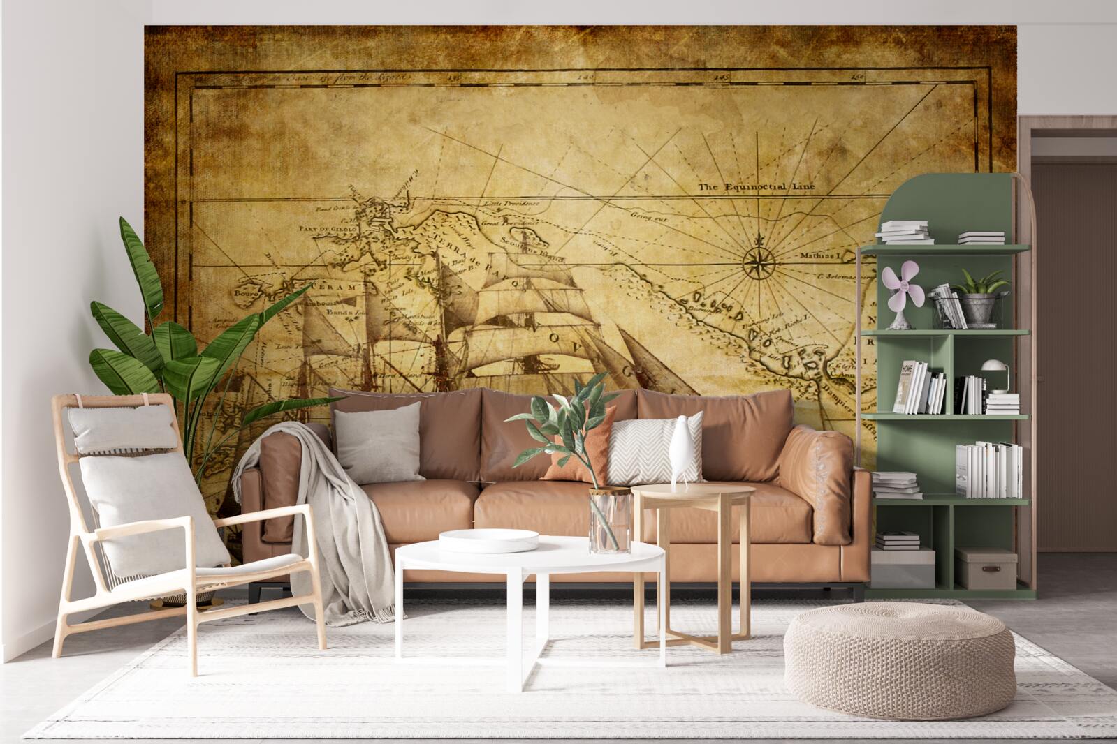 Fotobehang schip met zeilen op perkament