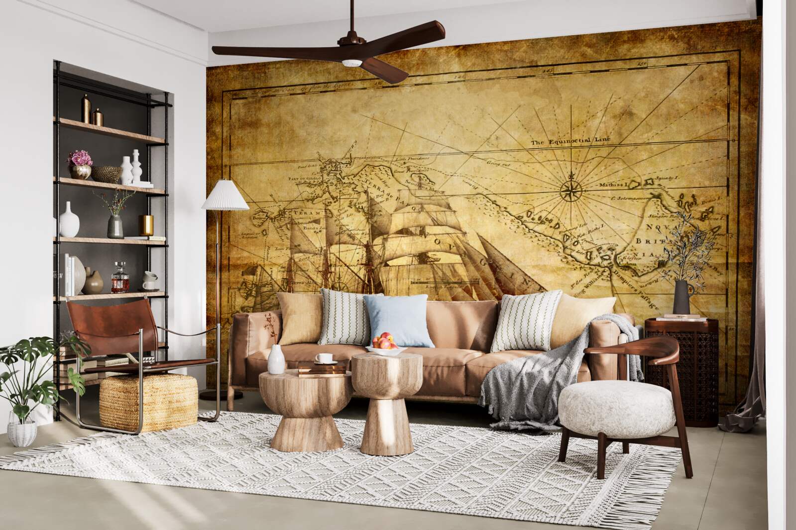 Fotobehang schip met zeilen op perkament