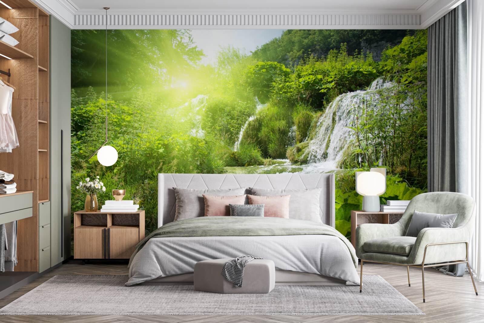 Fotobehang een mysterieuze waterval in een bergbos