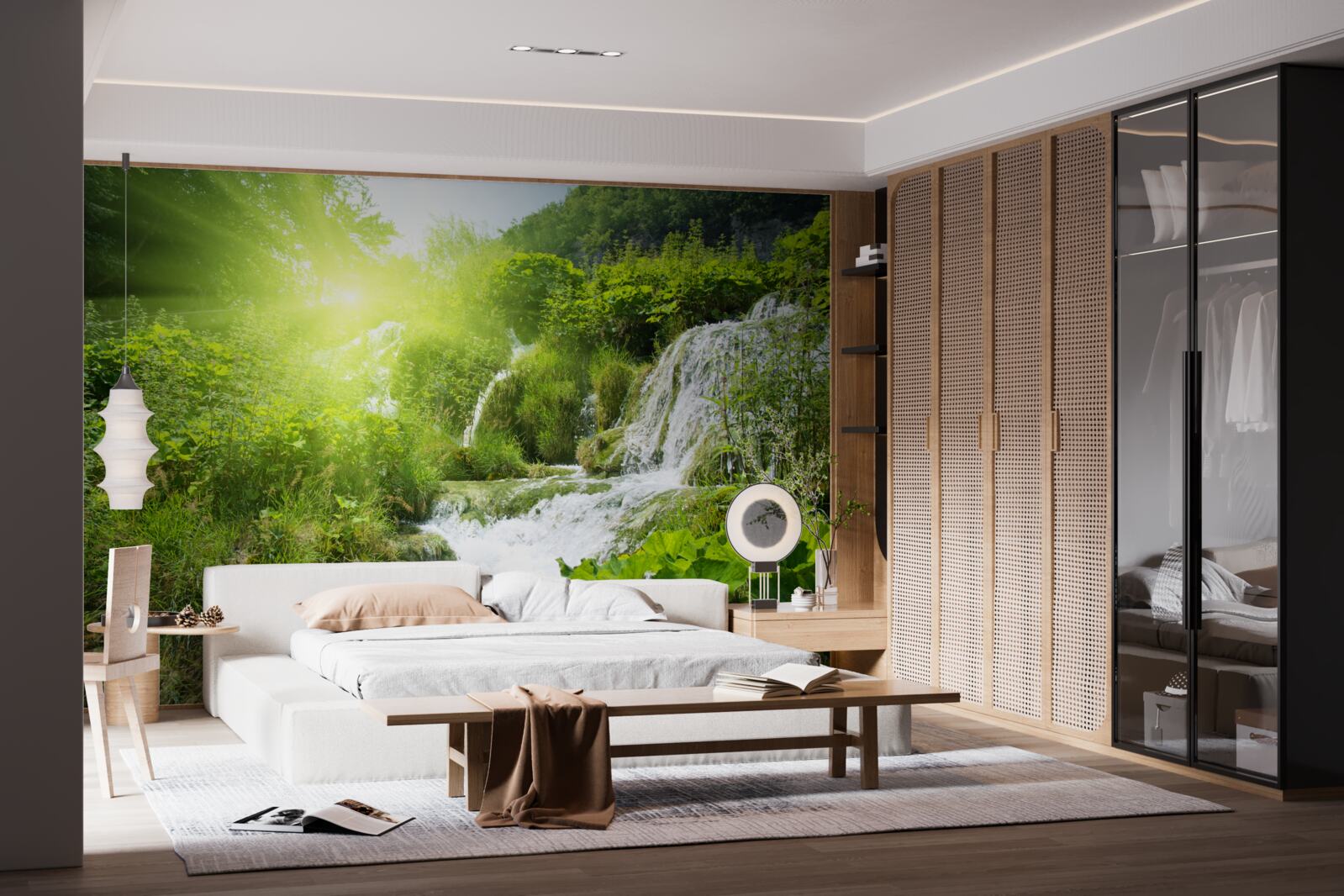 Fotobehang een mysterieuze waterval in een bergbos