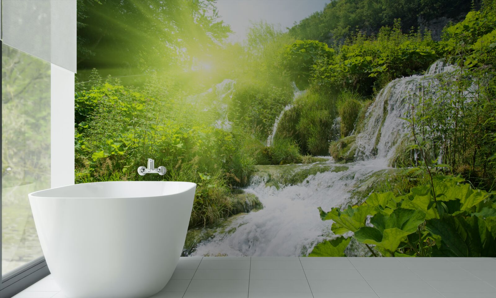 Fotobehang een mysterieuze waterval in een bergbos