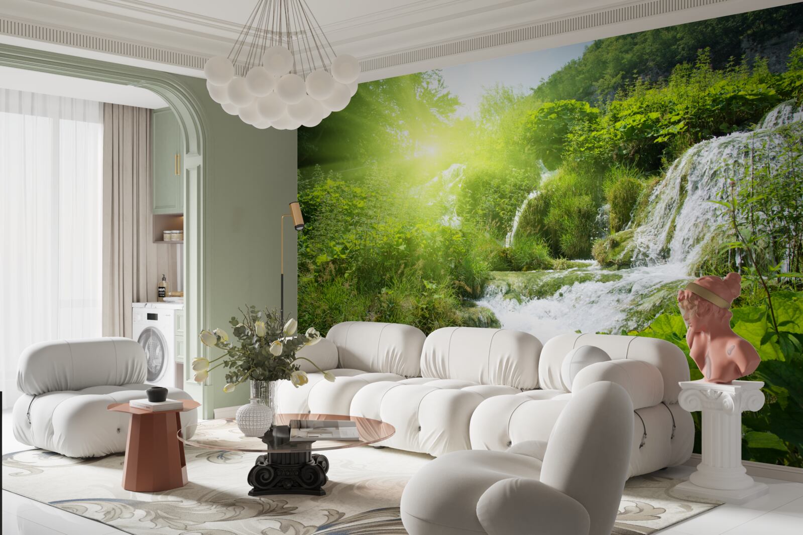 Fotobehang een mysterieuze waterval in een bergbos