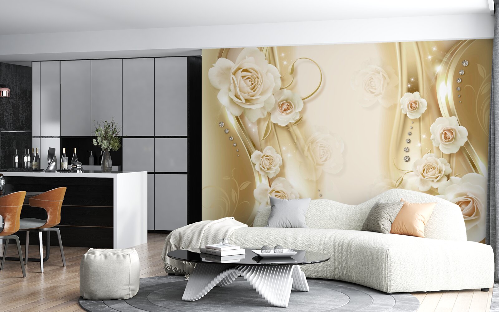 Fotobehang witte rozen op bruine achtergrond