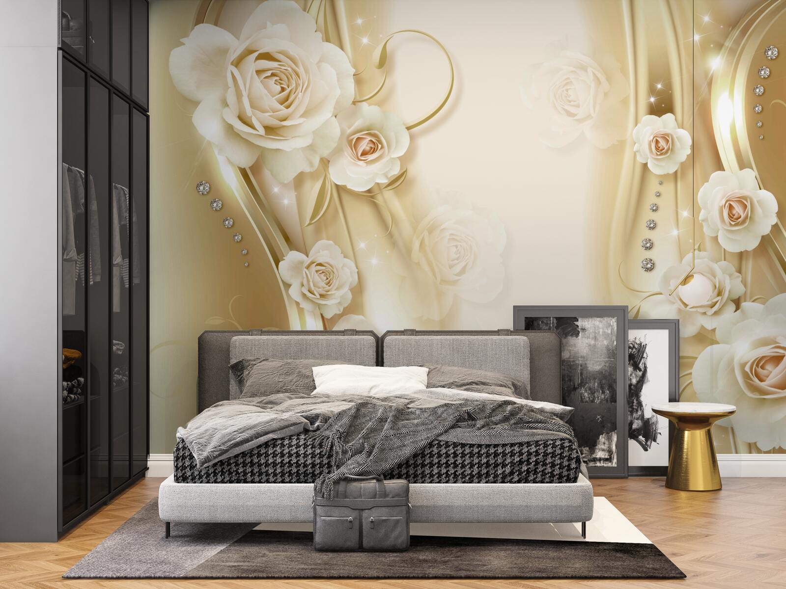 Fotobehang witte rozen op bruine achtergrond