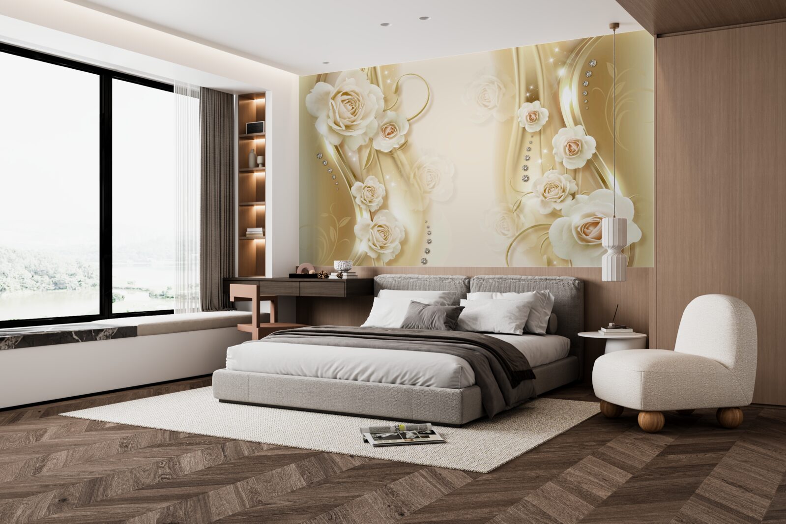 Fotobehang witte rozen op bruine achtergrond