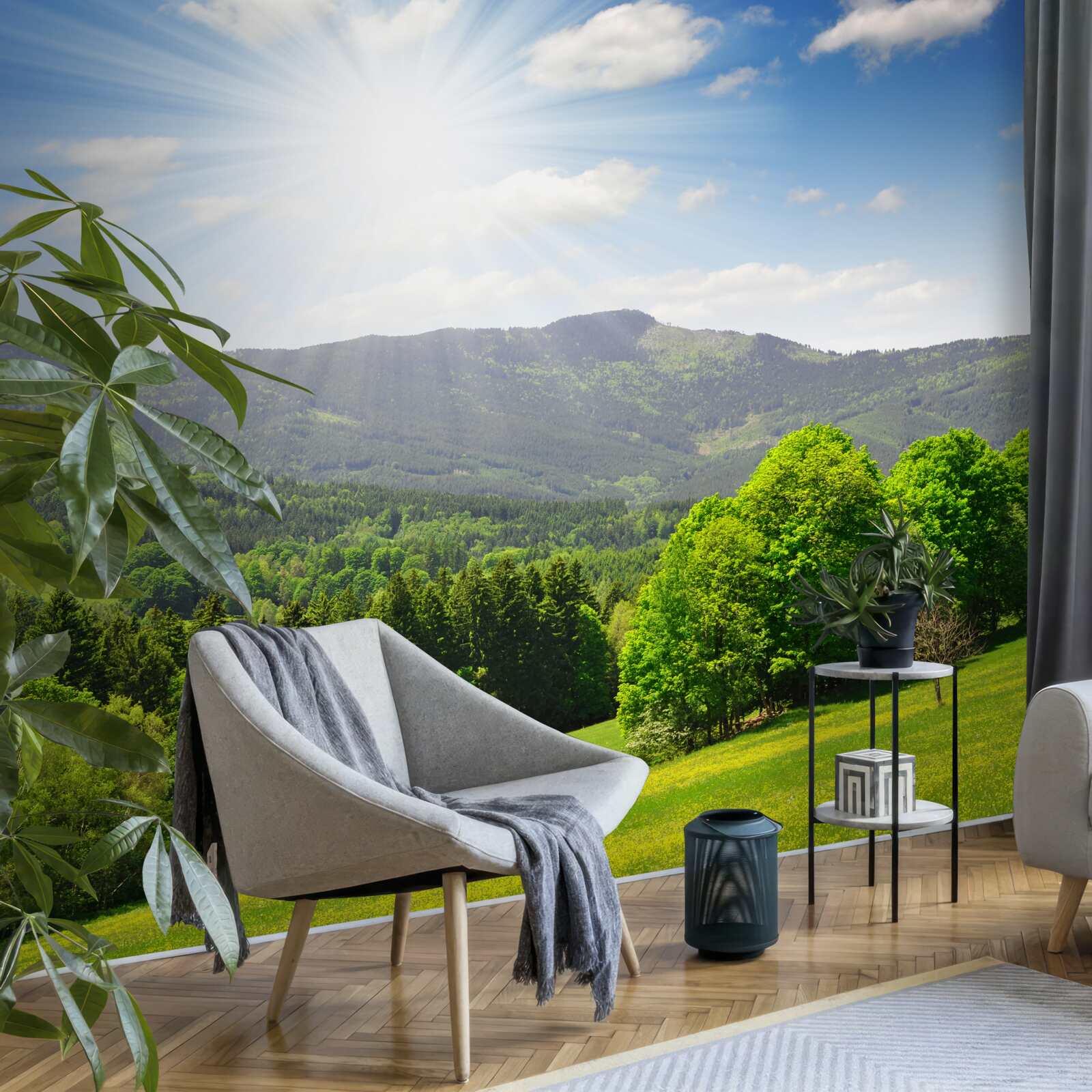 Fotobehang de zon staat op haar hoogste punt boven een groene weide