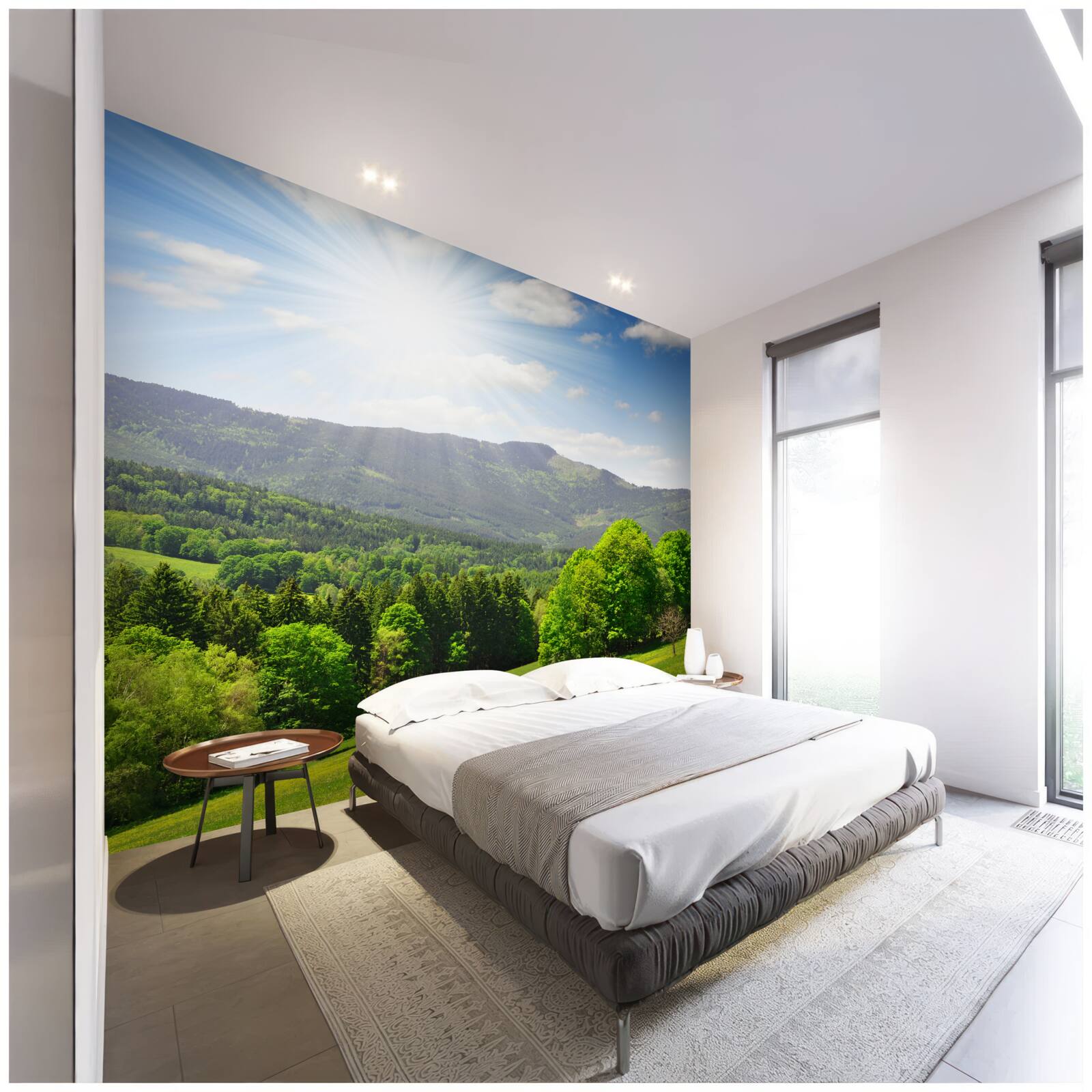 Fotobehang de zon staat op haar hoogste punt boven een groene weide