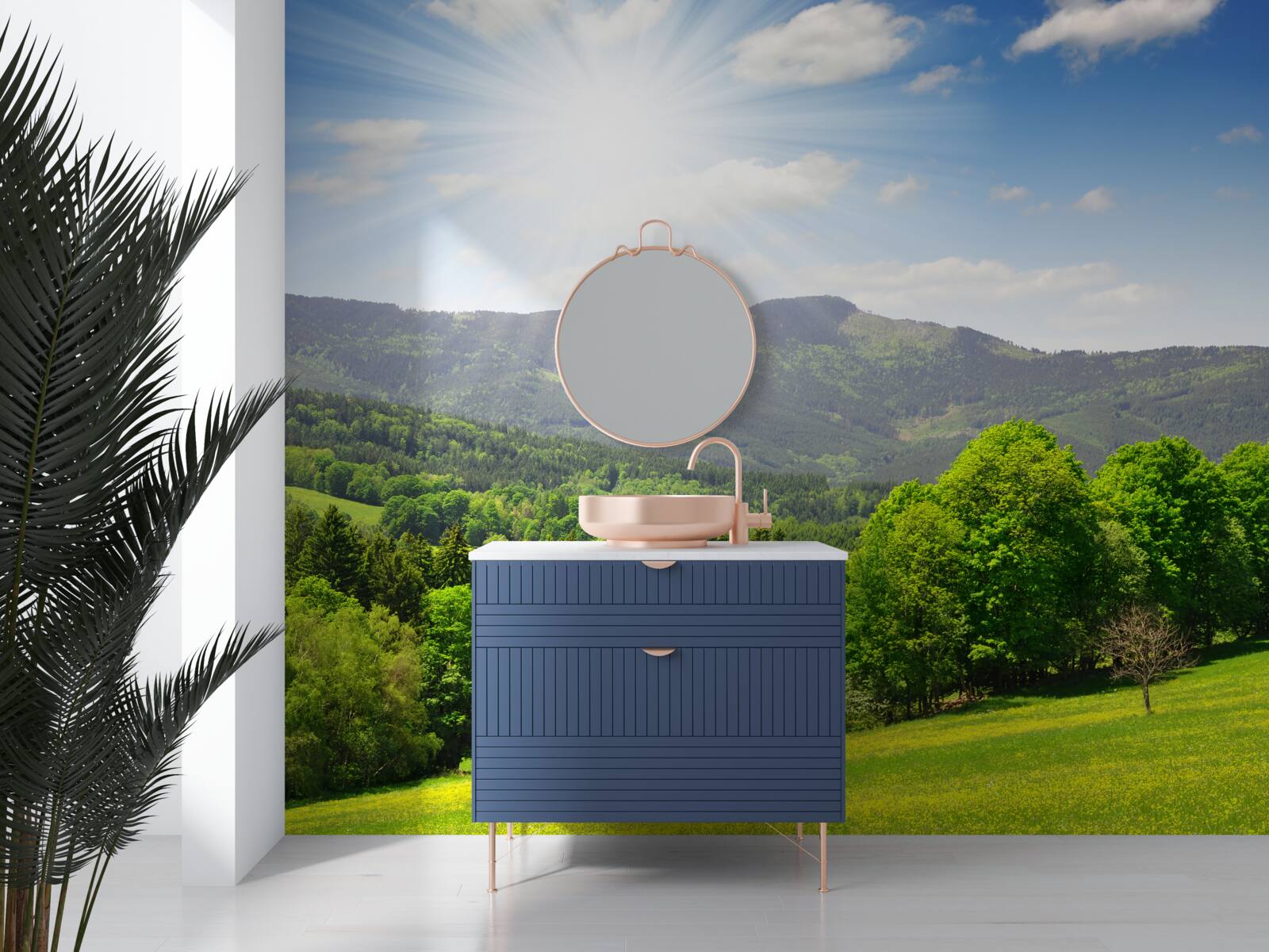 Fotobehang de zon staat op haar hoogste punt boven een groene weide