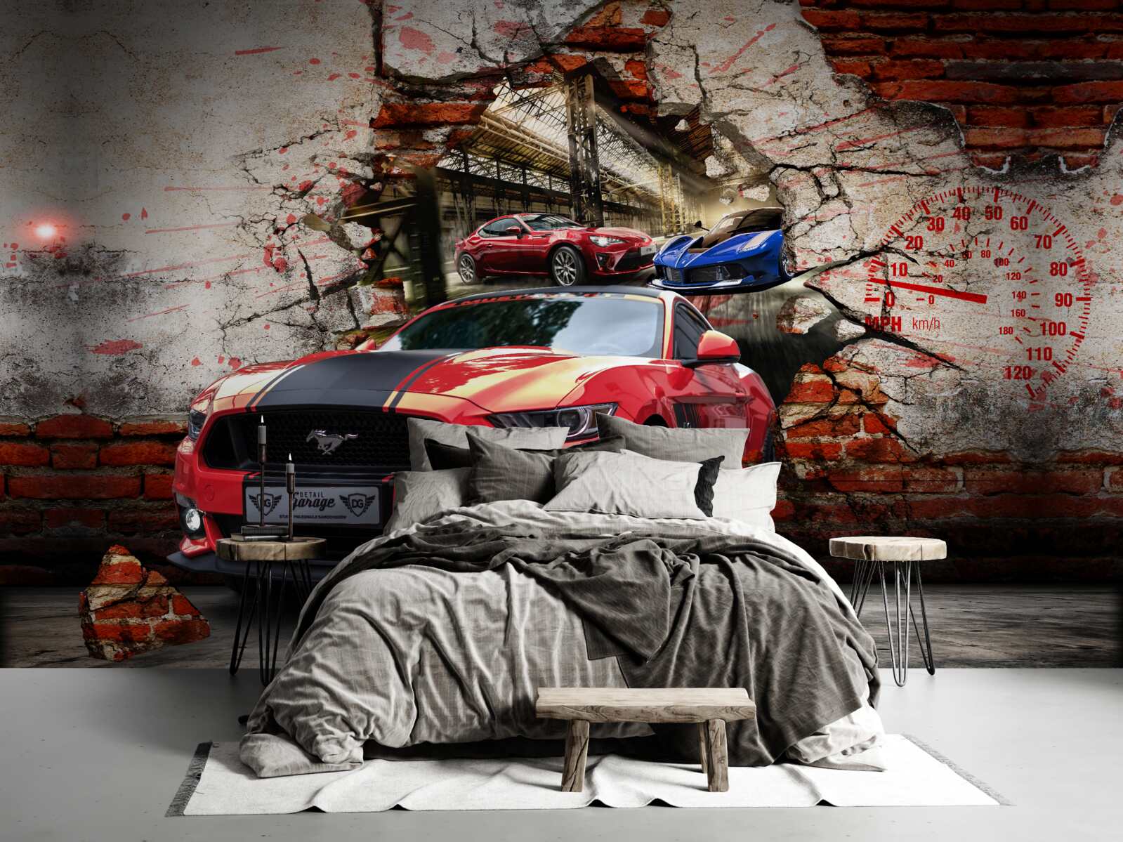 Fotobehang mustang rood aan de muur