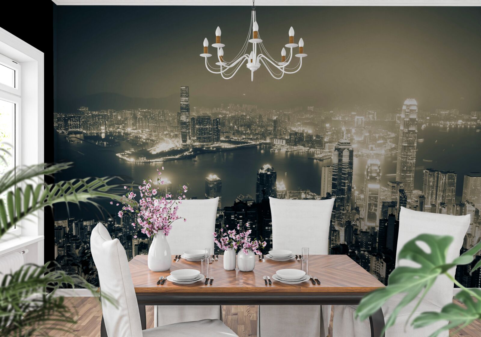 Fotobehang panoramisch nachtzicht van hong kong