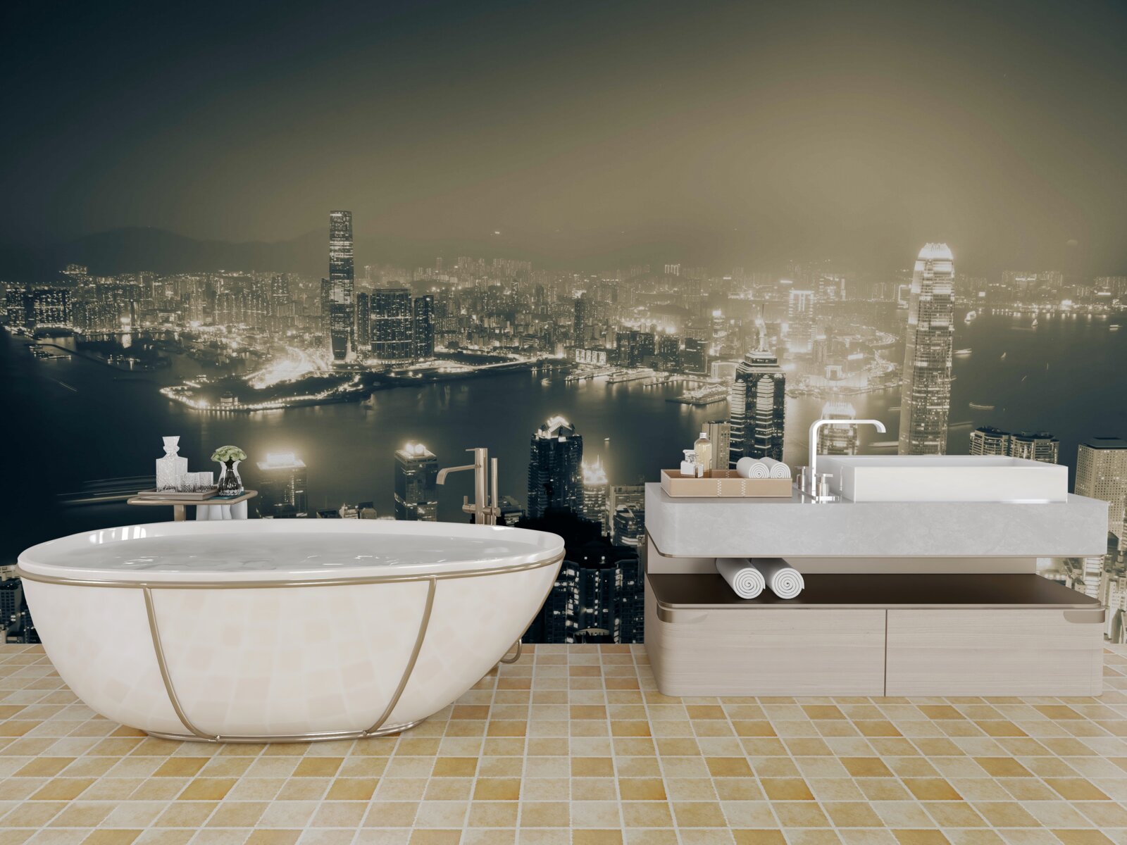 Fotobehang panoramisch nachtzicht van hong kong