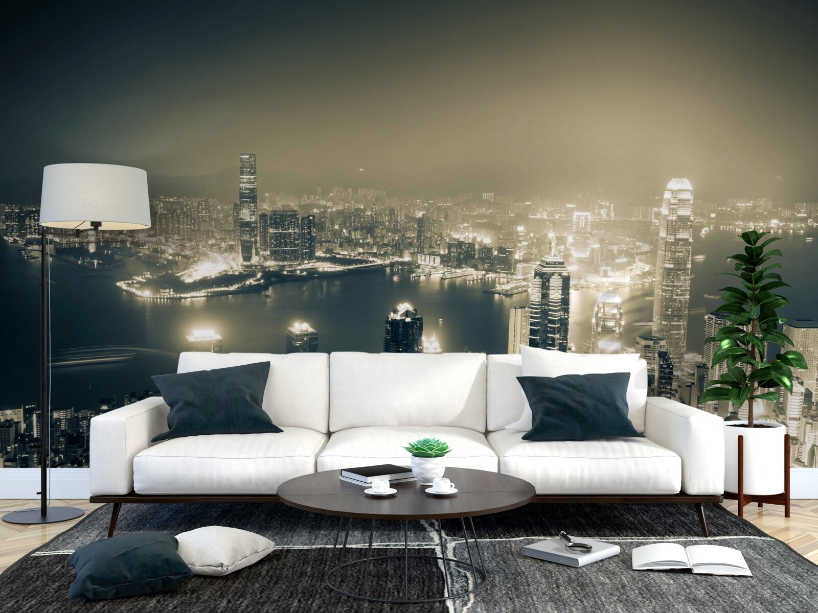 Fotobehang panoramisch nachtzicht van hong kong