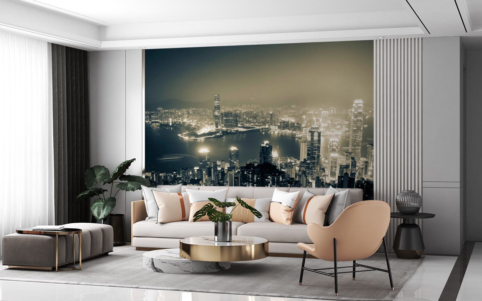 Fotobehang panoramisch nachtzicht van hong kong