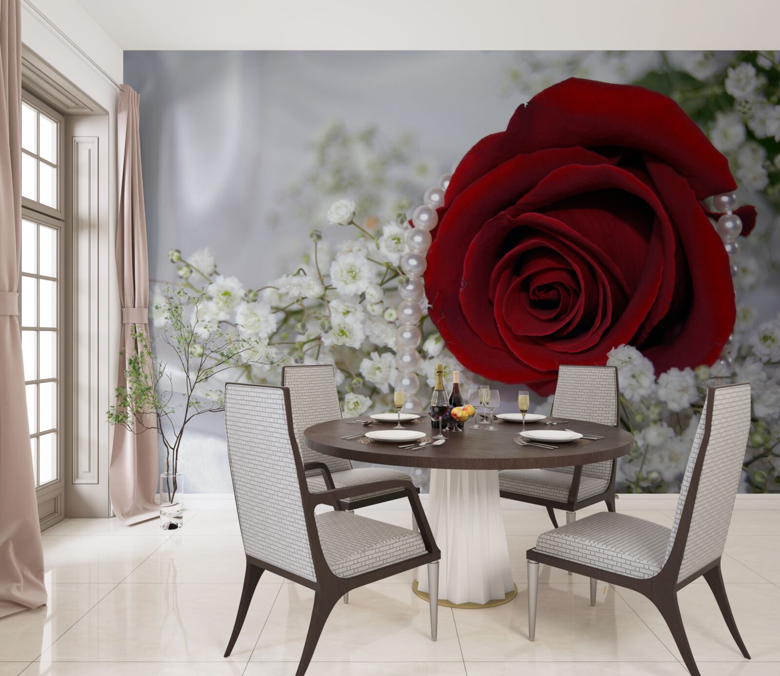 Fotobehang op zijde is een madeliefje omringd door een rode roos