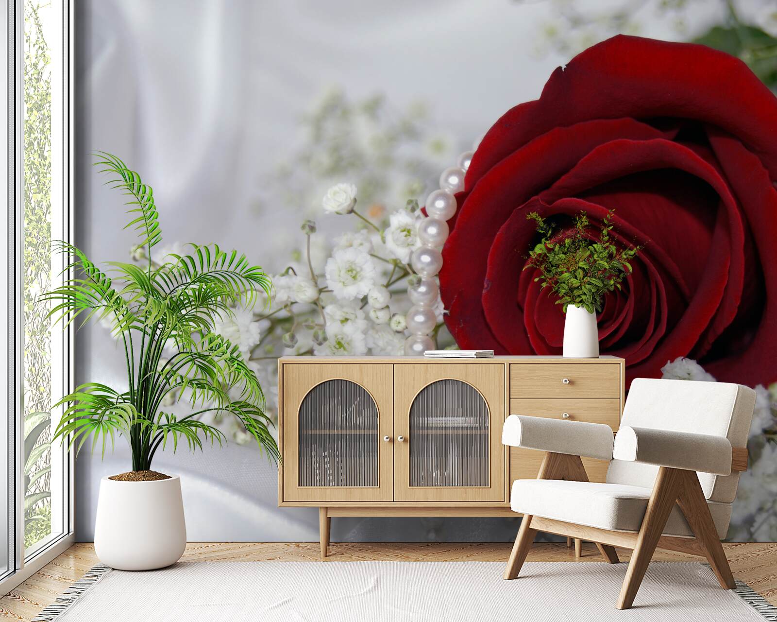 Fotobehang op zijde is een madeliefje omringd door een rode roos