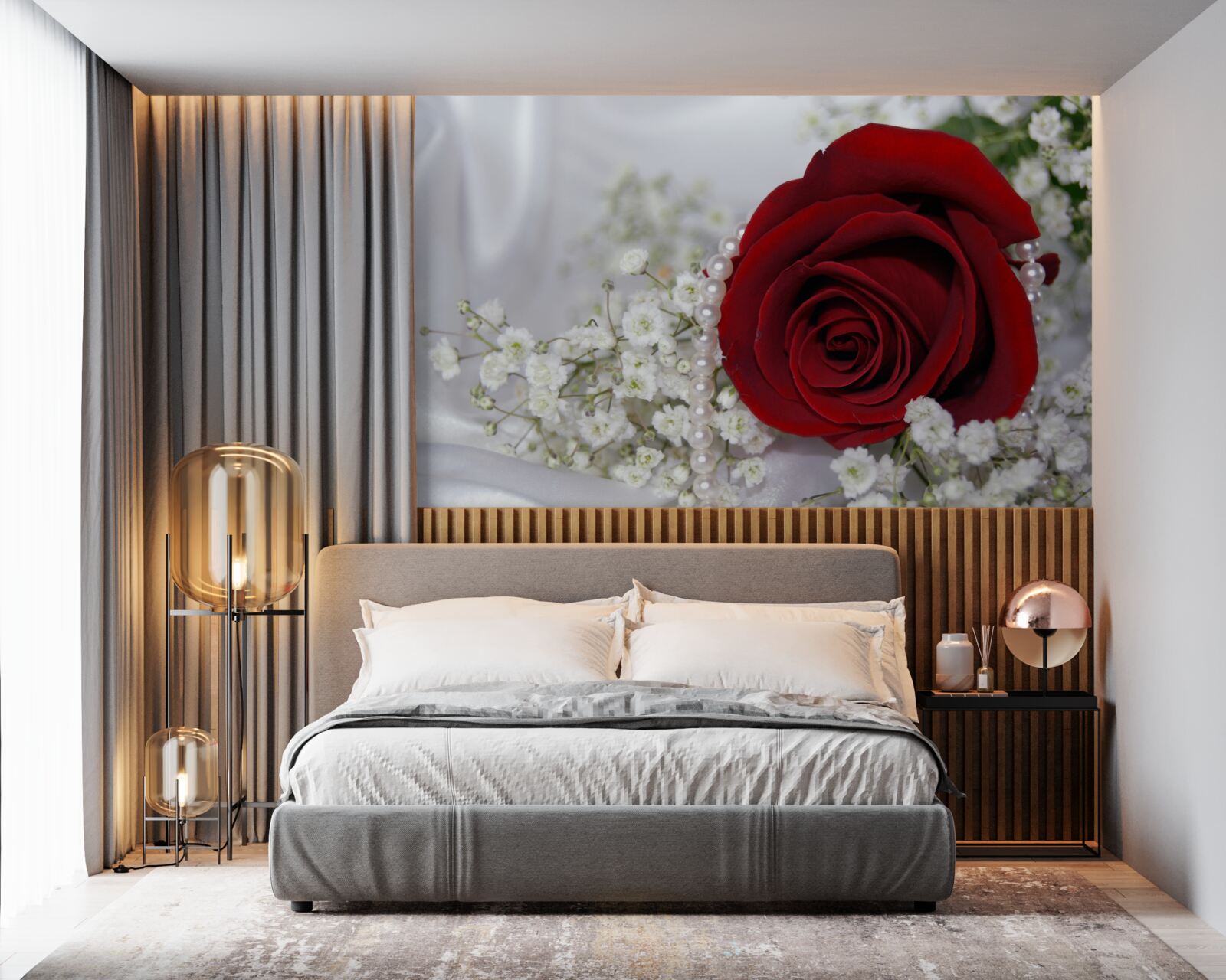 Fotobehang op zijde is een madeliefje omringd door een rode roos