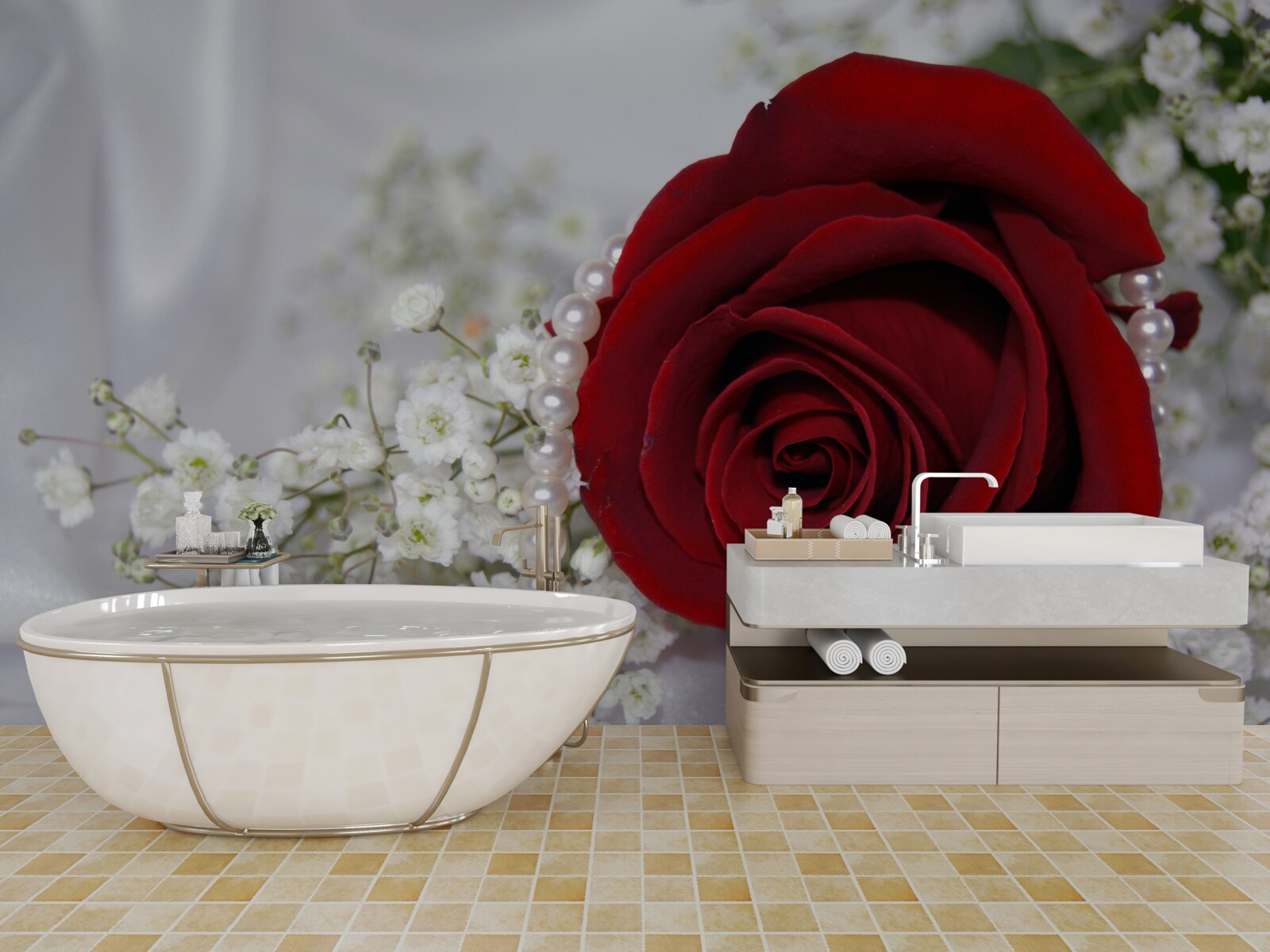 Fotobehang op zijde is een madeliefje omringd door een rode roos