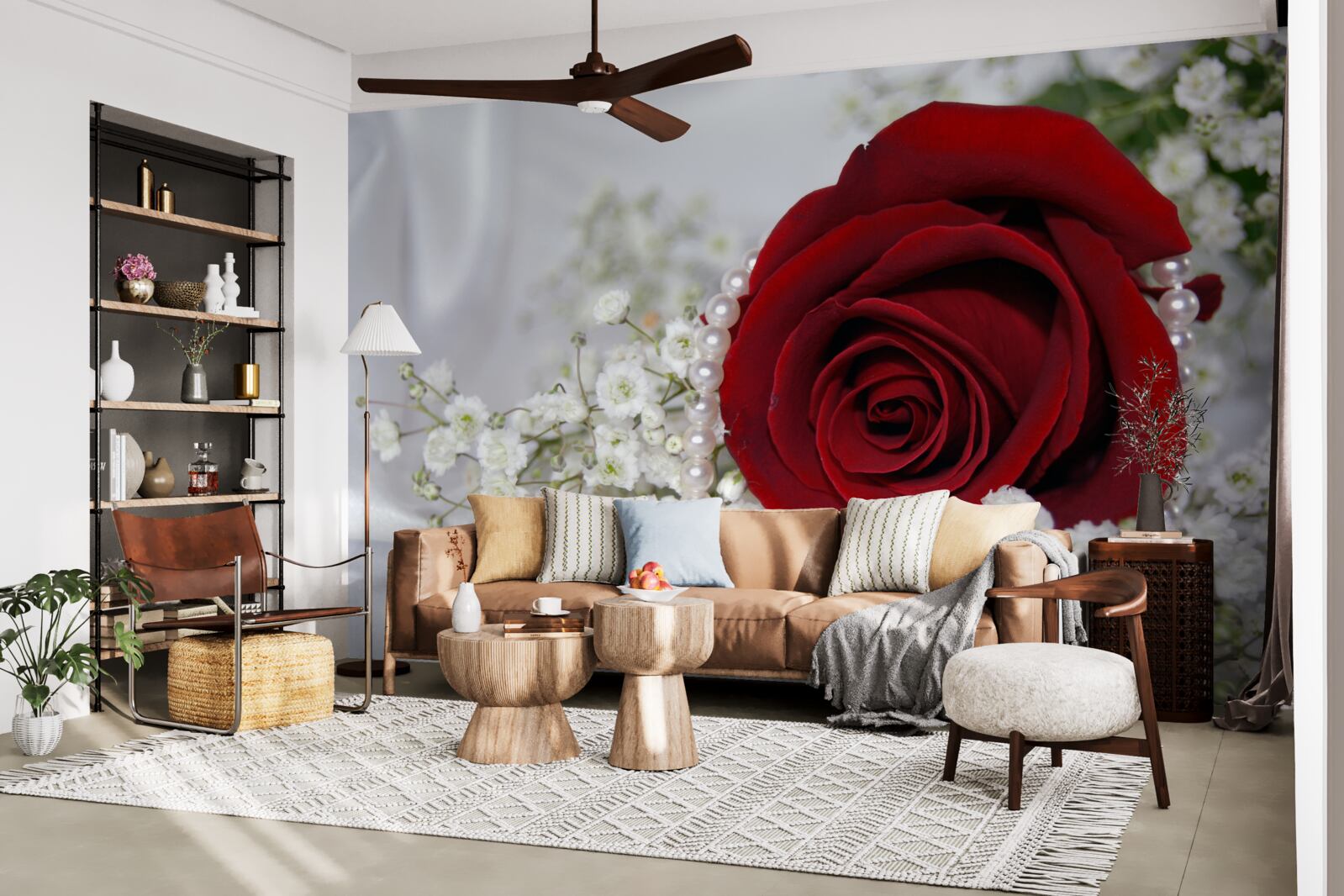 Fotobehang op zijde is een madeliefje omringd door een rode roos
