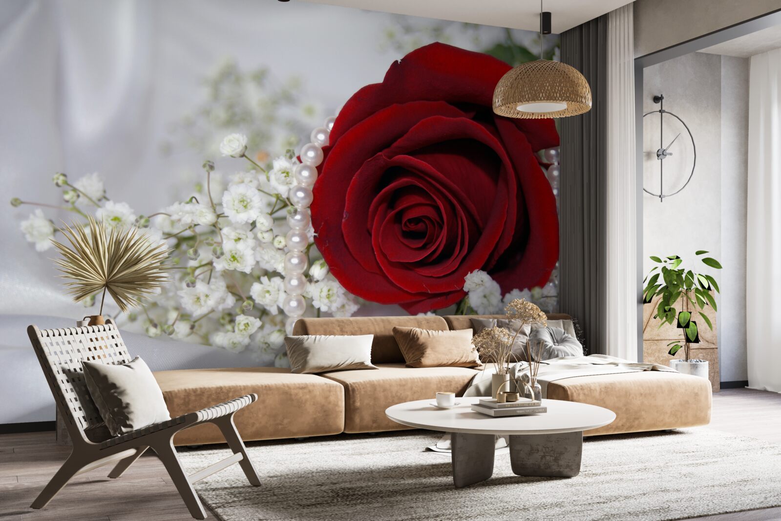 Fotobehang op zijde is een madeliefje omringd door een rode roos