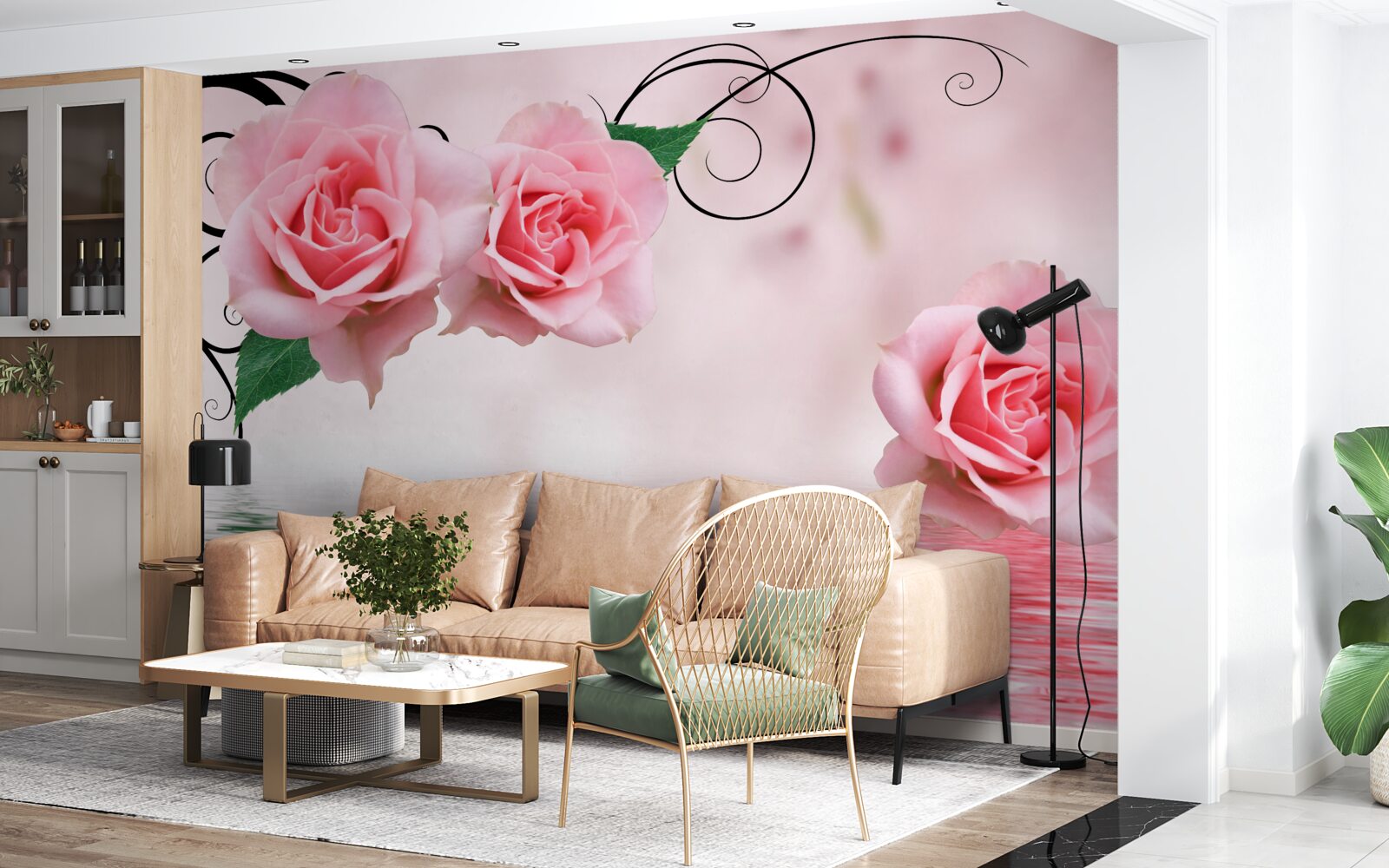 Fotobehang reflectie van een roze roos in het water