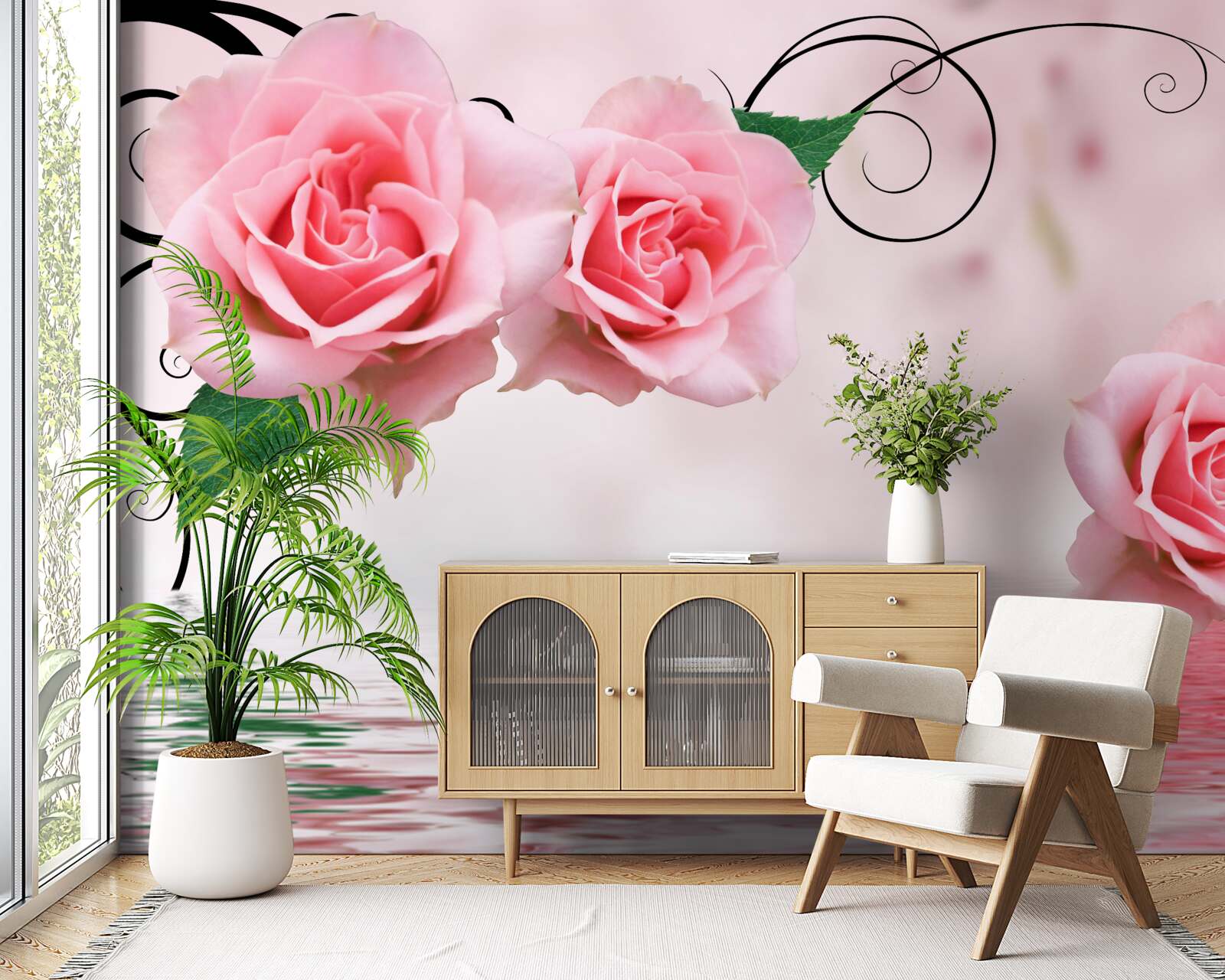 Fotobehang reflectie van een roze roos in het water