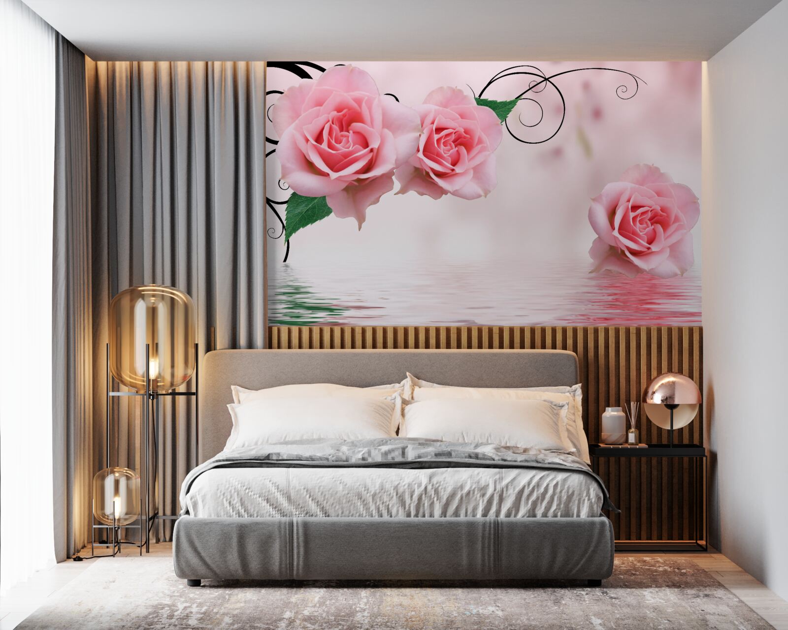 Fotobehang reflectie van een roze roos in het water