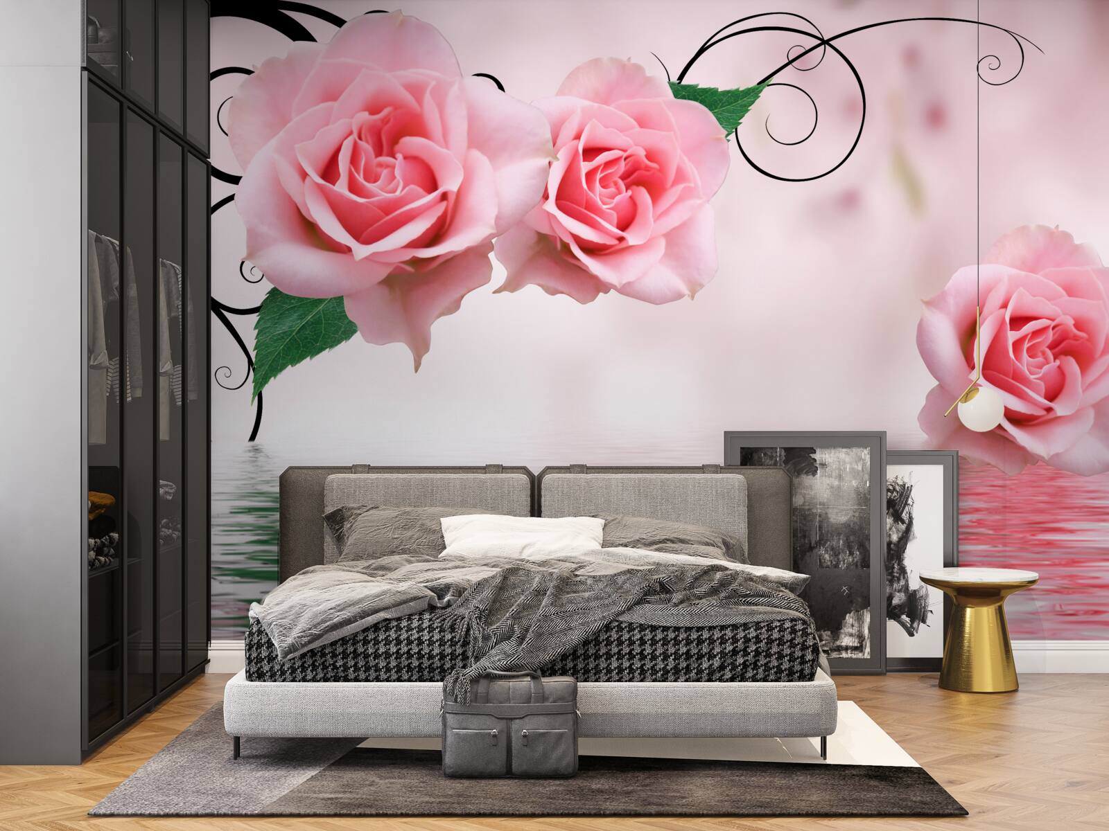 Fotobehang reflectie van een roze roos in het water