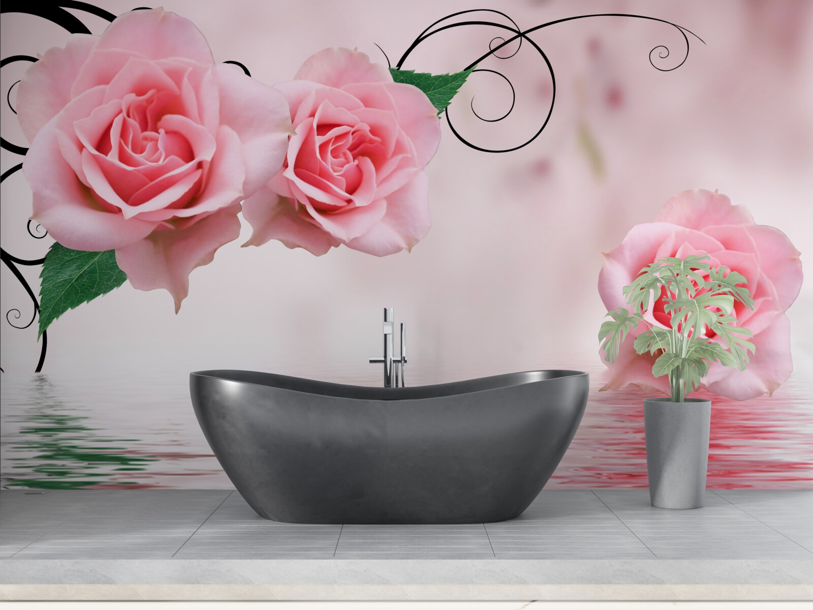 Fotobehang reflectie van een roze roos in het water