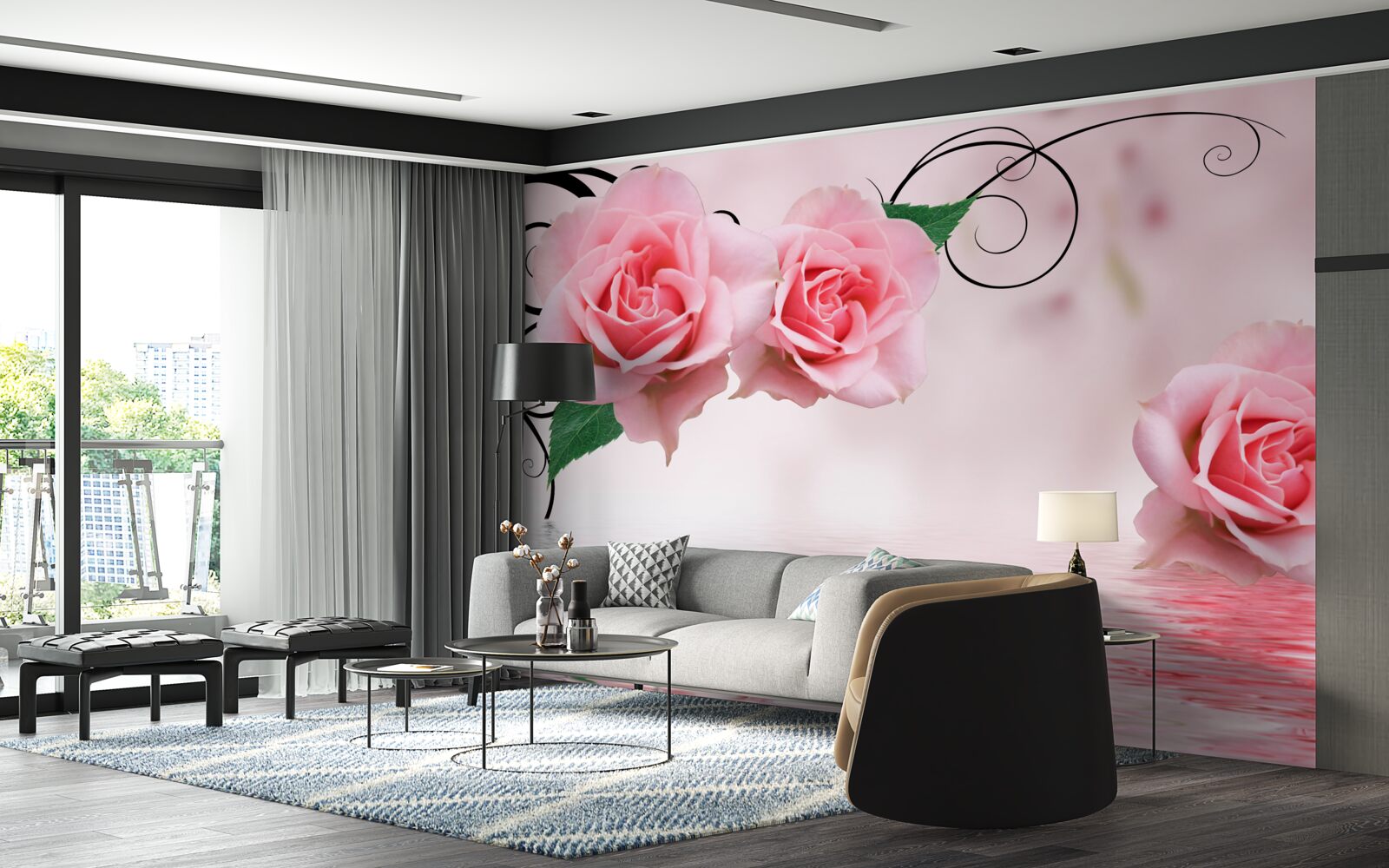 Fotobehang reflectie van een roze roos in het water