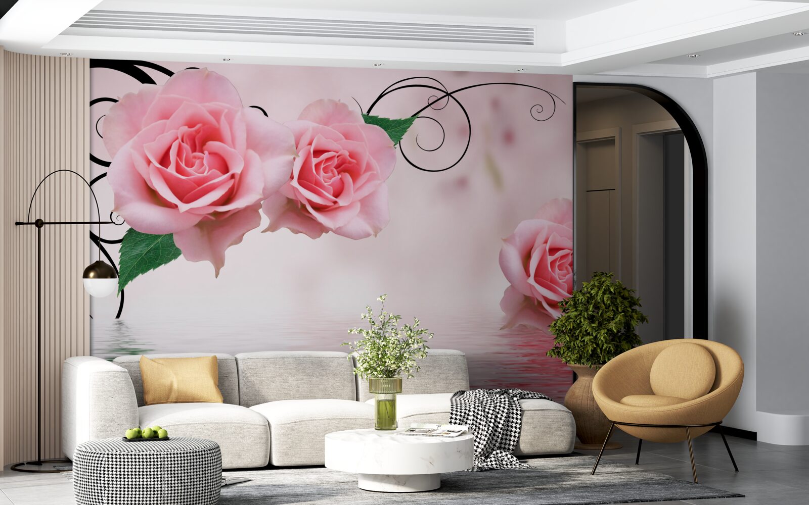 Fotobehang reflectie van een roze roos in het water