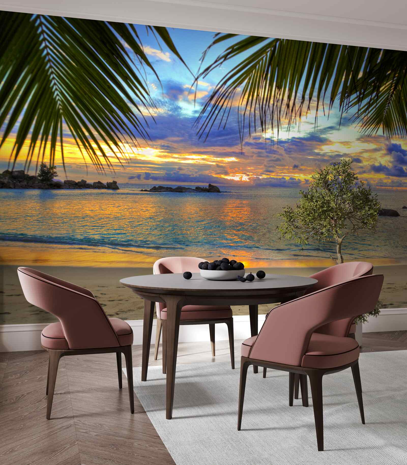 Fotobehang de kust is omgeven door een vredige tropische zonsondergang