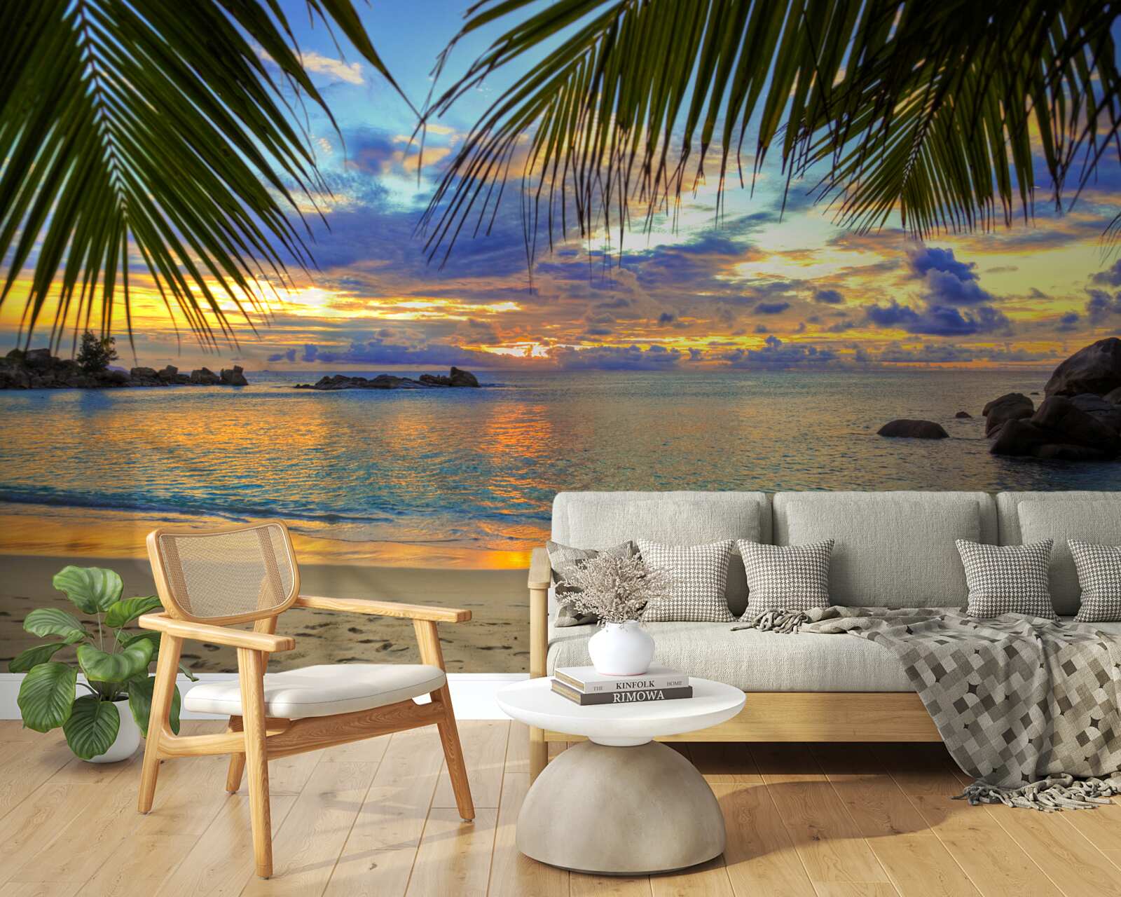 Fotobehang de kust is omgeven door een vredige tropische zonsondergang