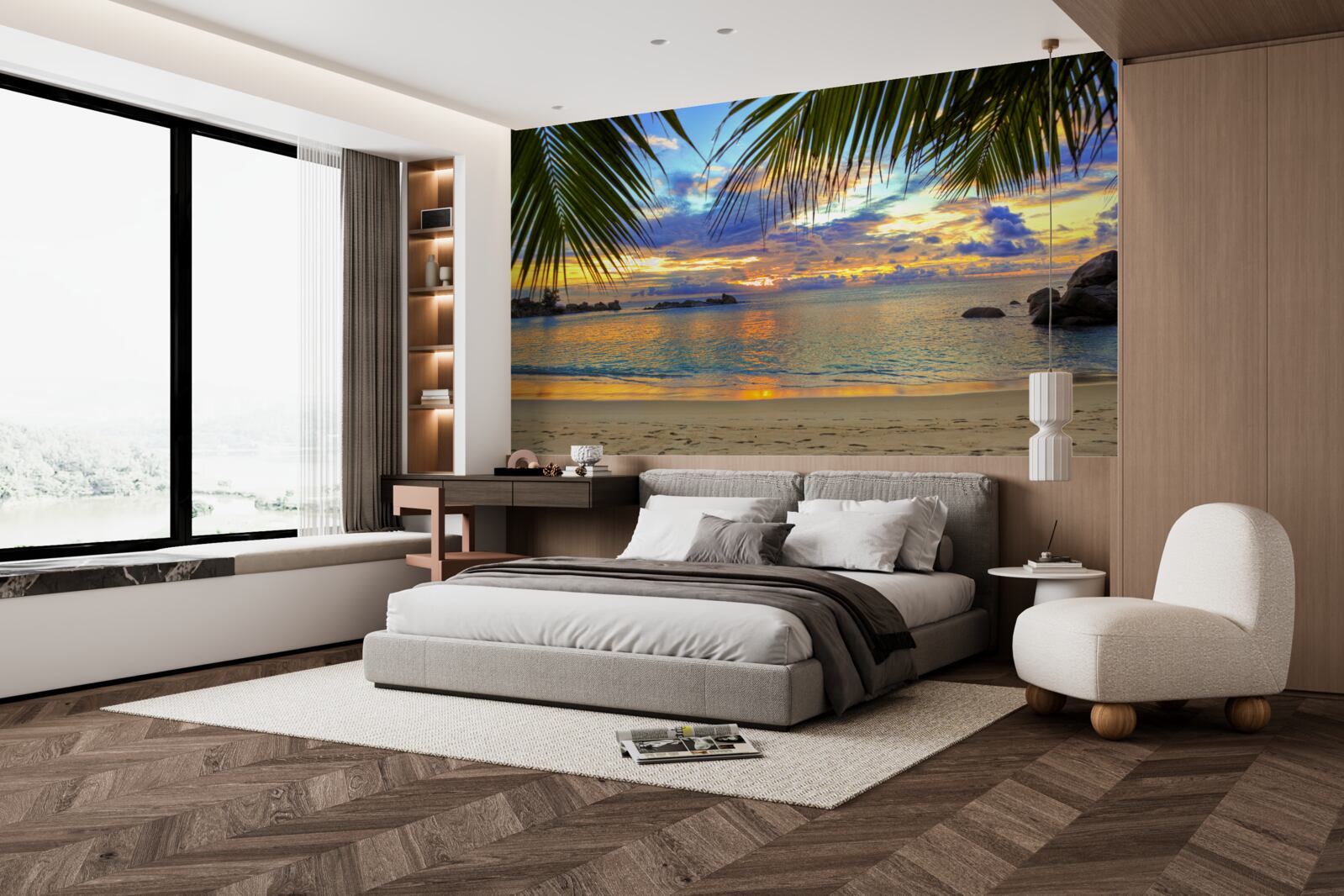 Fotobehang de kust is omgeven door een vredige tropische zonsondergang