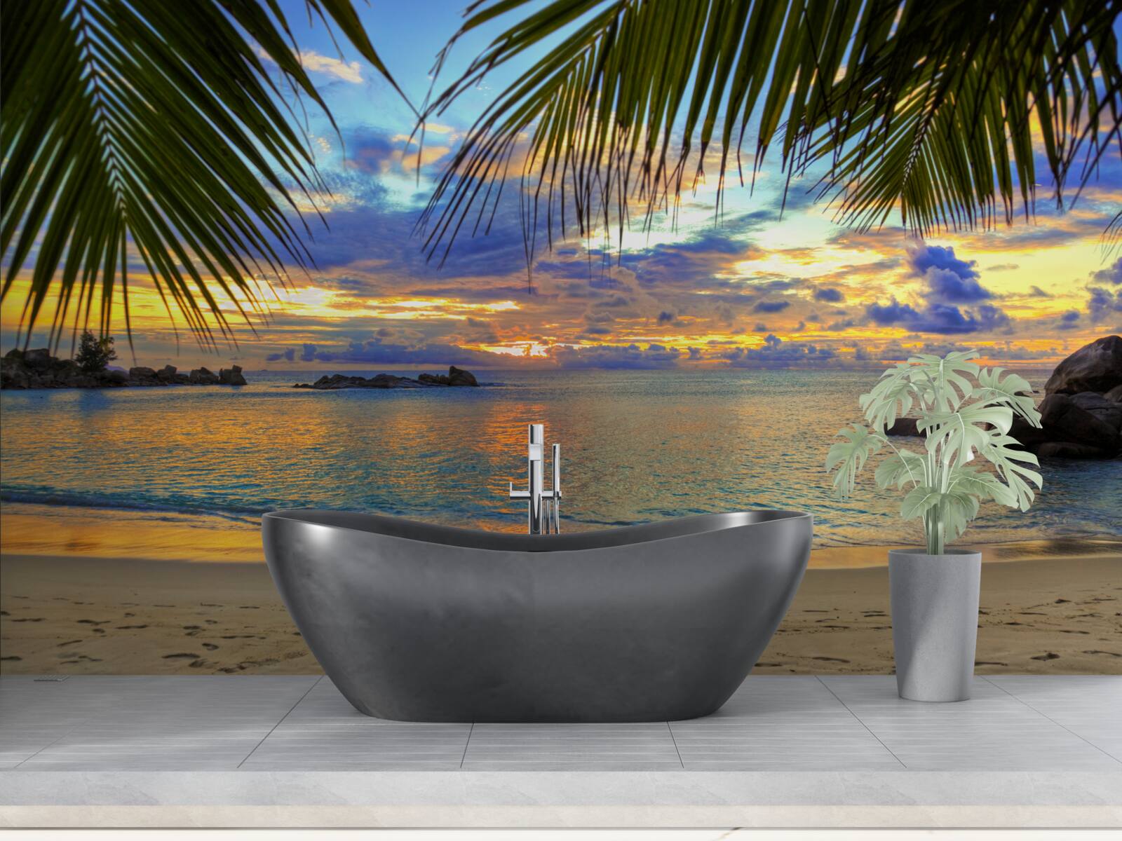 Fotobehang de kust is omgeven door een vredige tropische zonsondergang