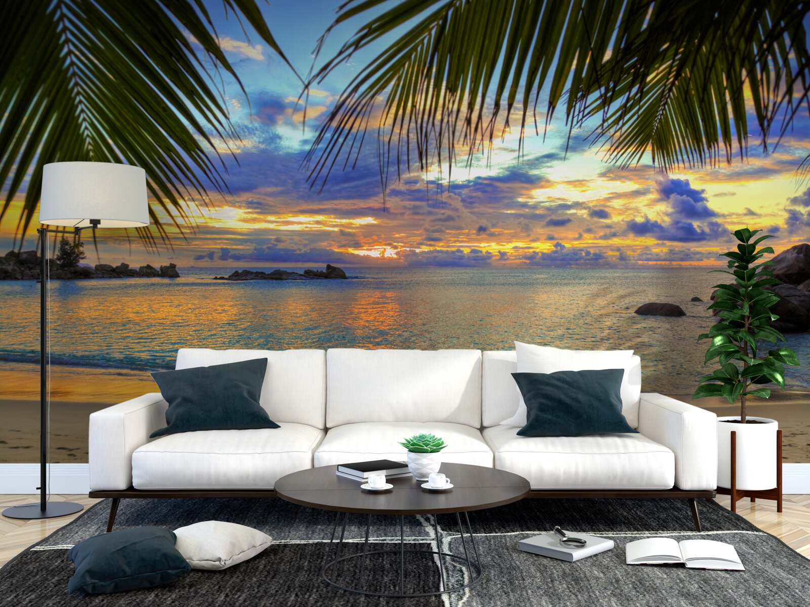 Fotobehang de kust is omgeven door een vredige tropische zonsondergang