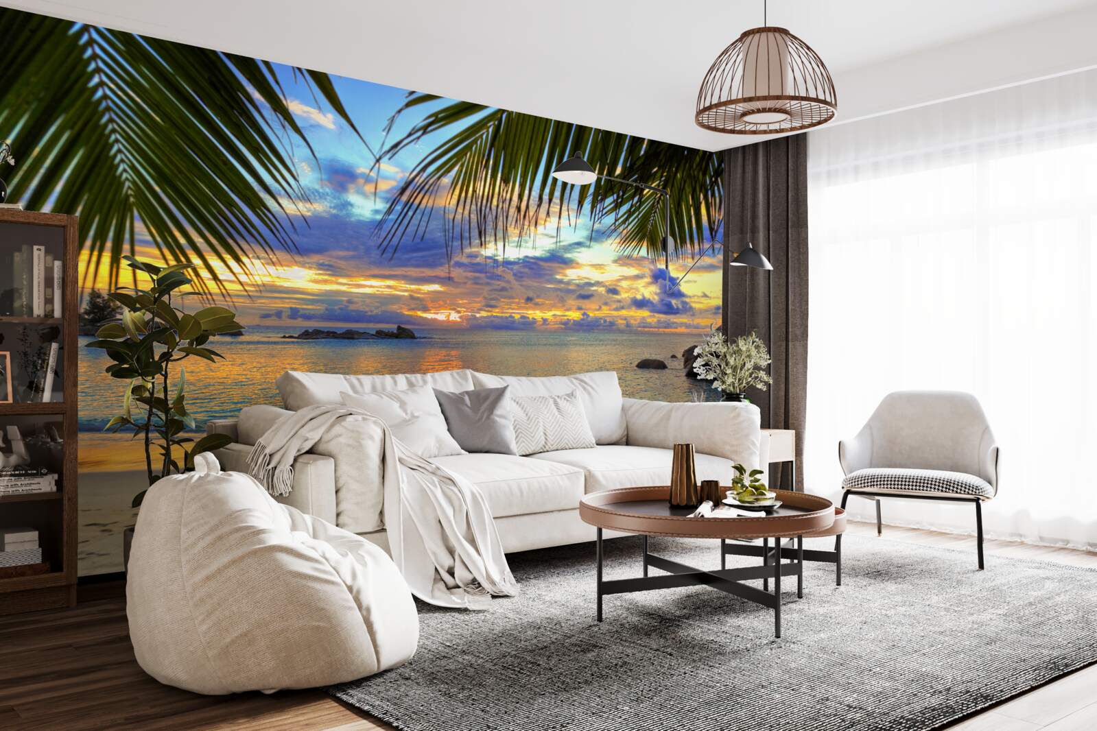 Fotobehang de kust is omgeven door een vredige tropische zonsondergang