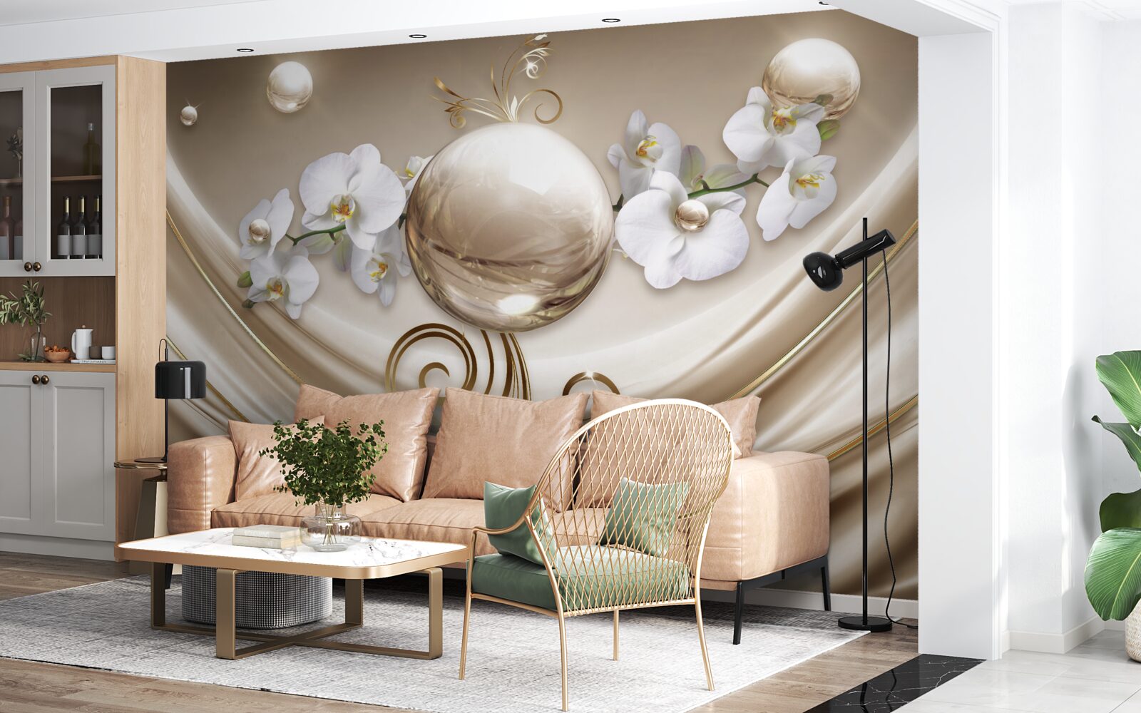 Fotobehang een bol van gouden en sneeuwwitte orchideeën