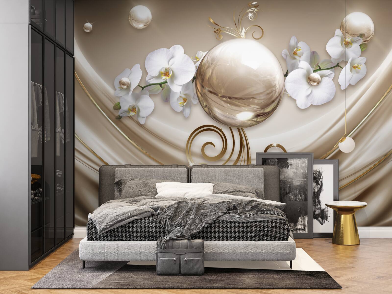 Fotobehang een bol van gouden en sneeuwwitte orchideeën