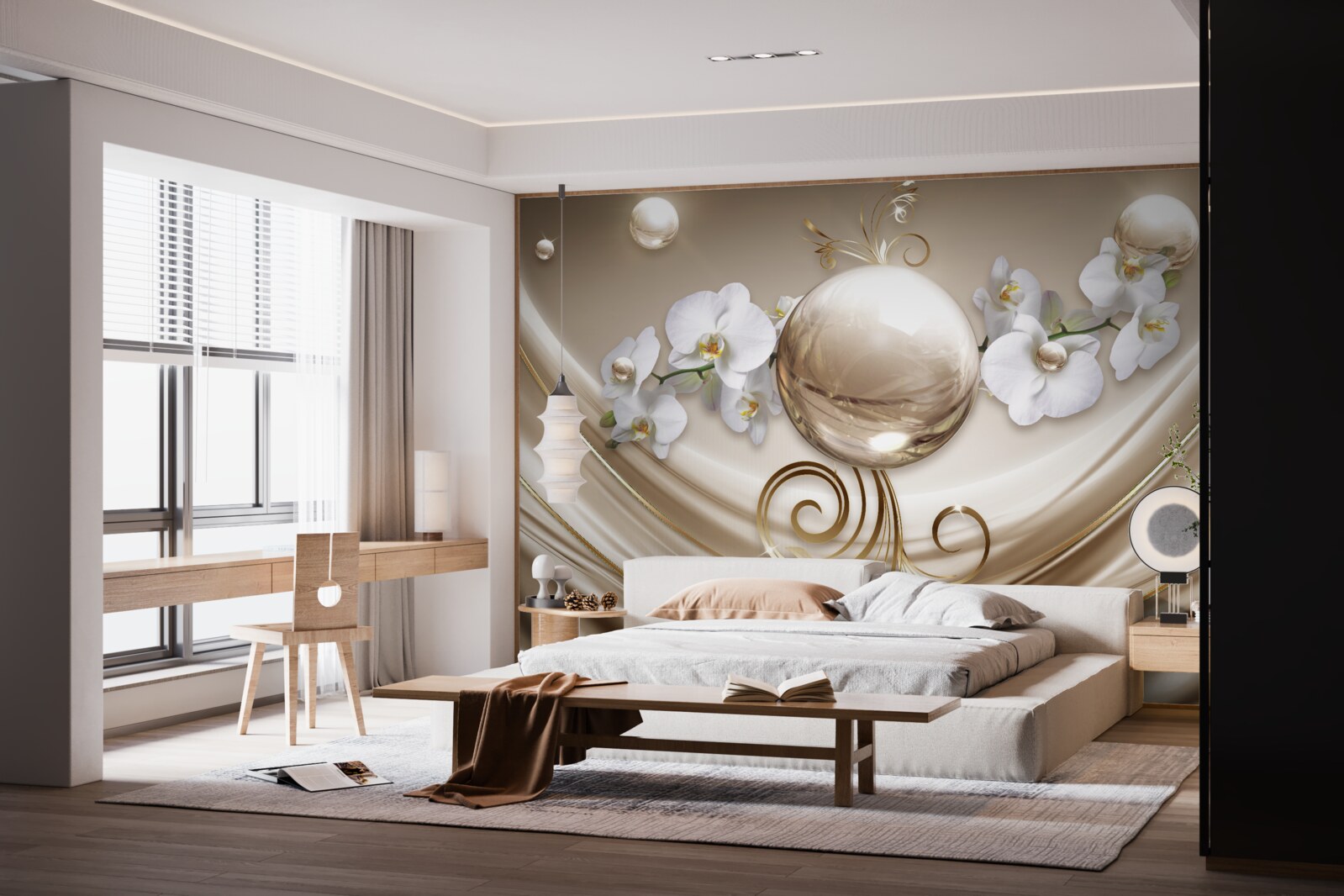 Fotobehang een bol van gouden en sneeuwwitte orchideeën