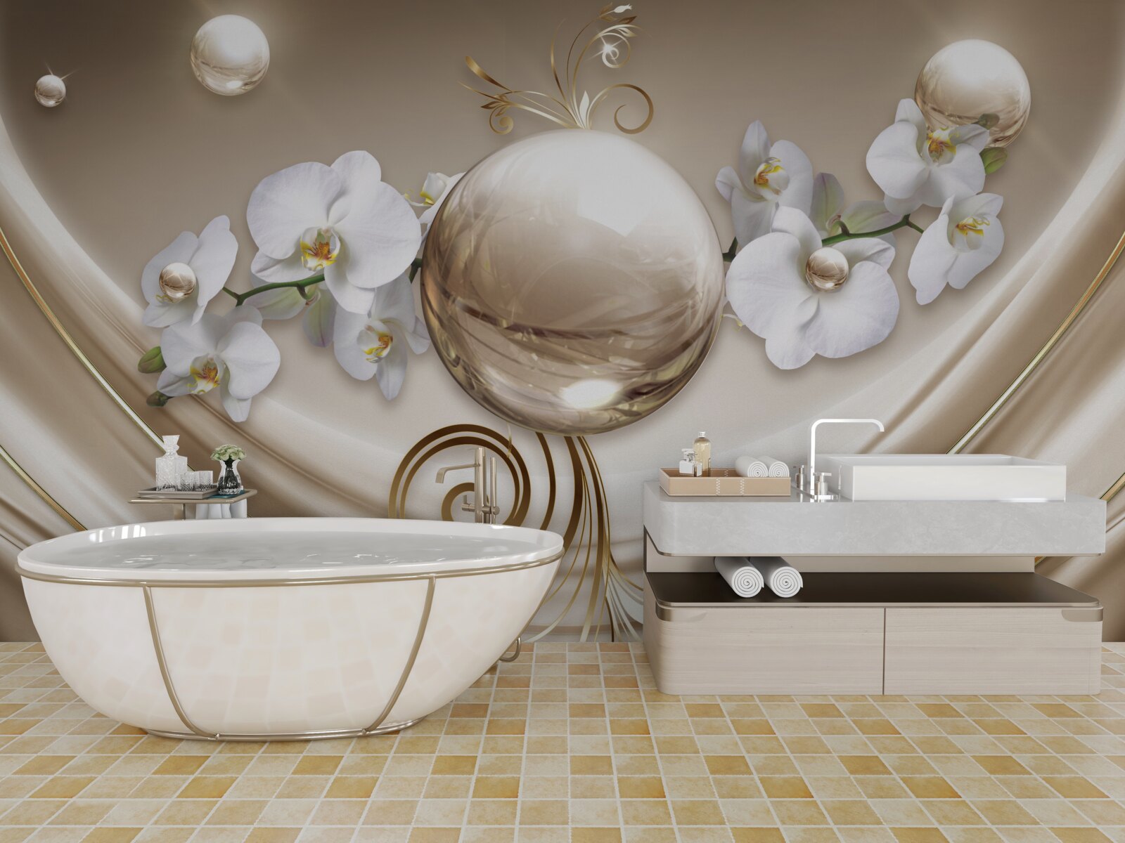 Fotobehang een bol van gouden en sneeuwwitte orchideeën