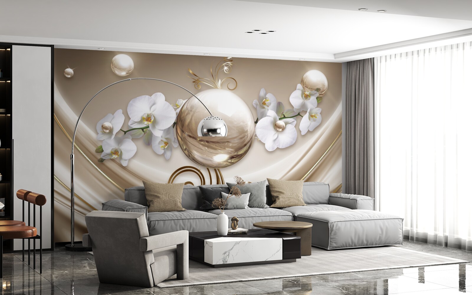 Fotobehang een bol van gouden en sneeuwwitte orchideeën